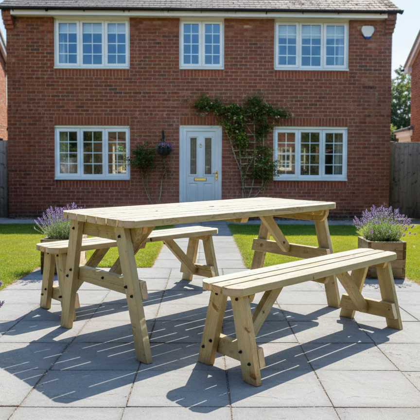 Victoria Rounded Space Saving Picnic Table and Benches Set - Image 3