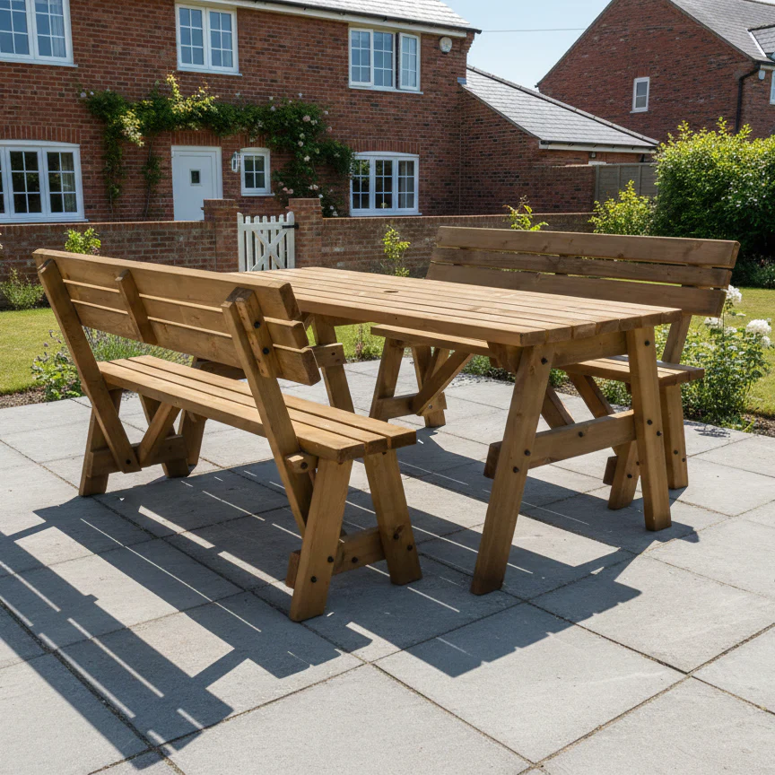 Victoria Space Saving Picnic Table and Benches Set With Backrest - Rustic Finish - Image 3