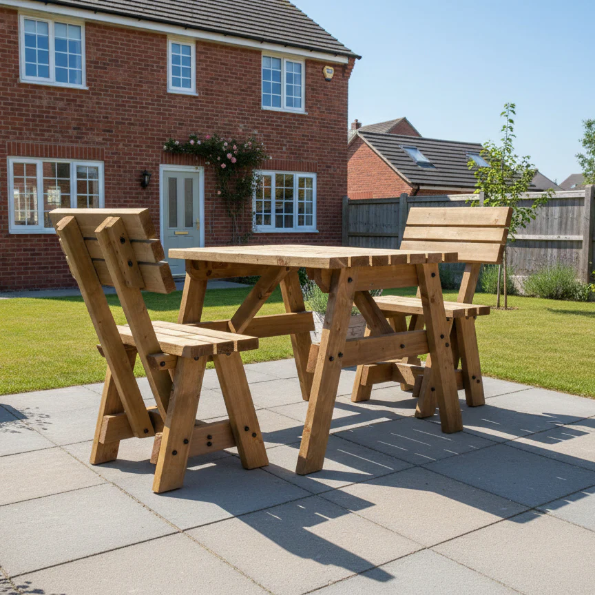 Victoria Space Saving Picnic Table and Benches Set With Backrest - Rustic Finish - Image 4