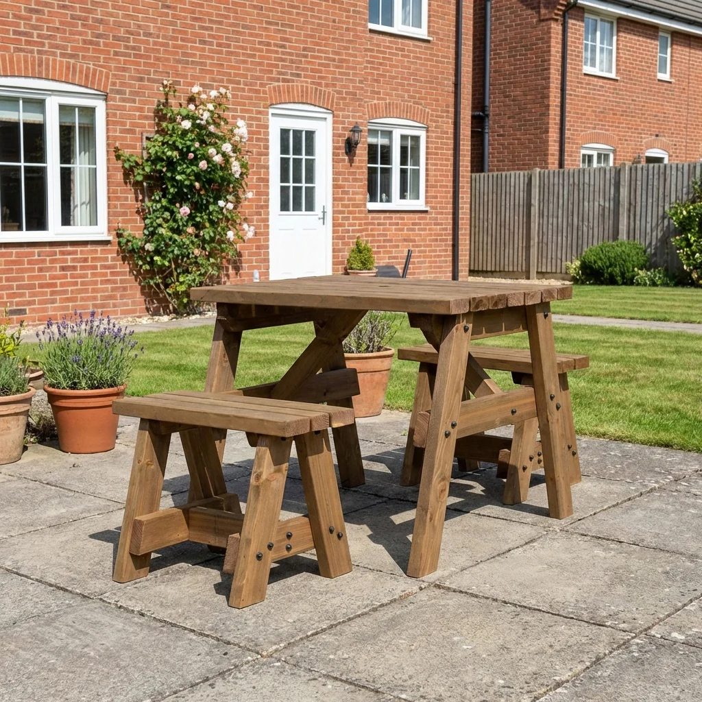 Victoria Space Saving Picnic Table and Benches Set - Rustic Finish - Image 4