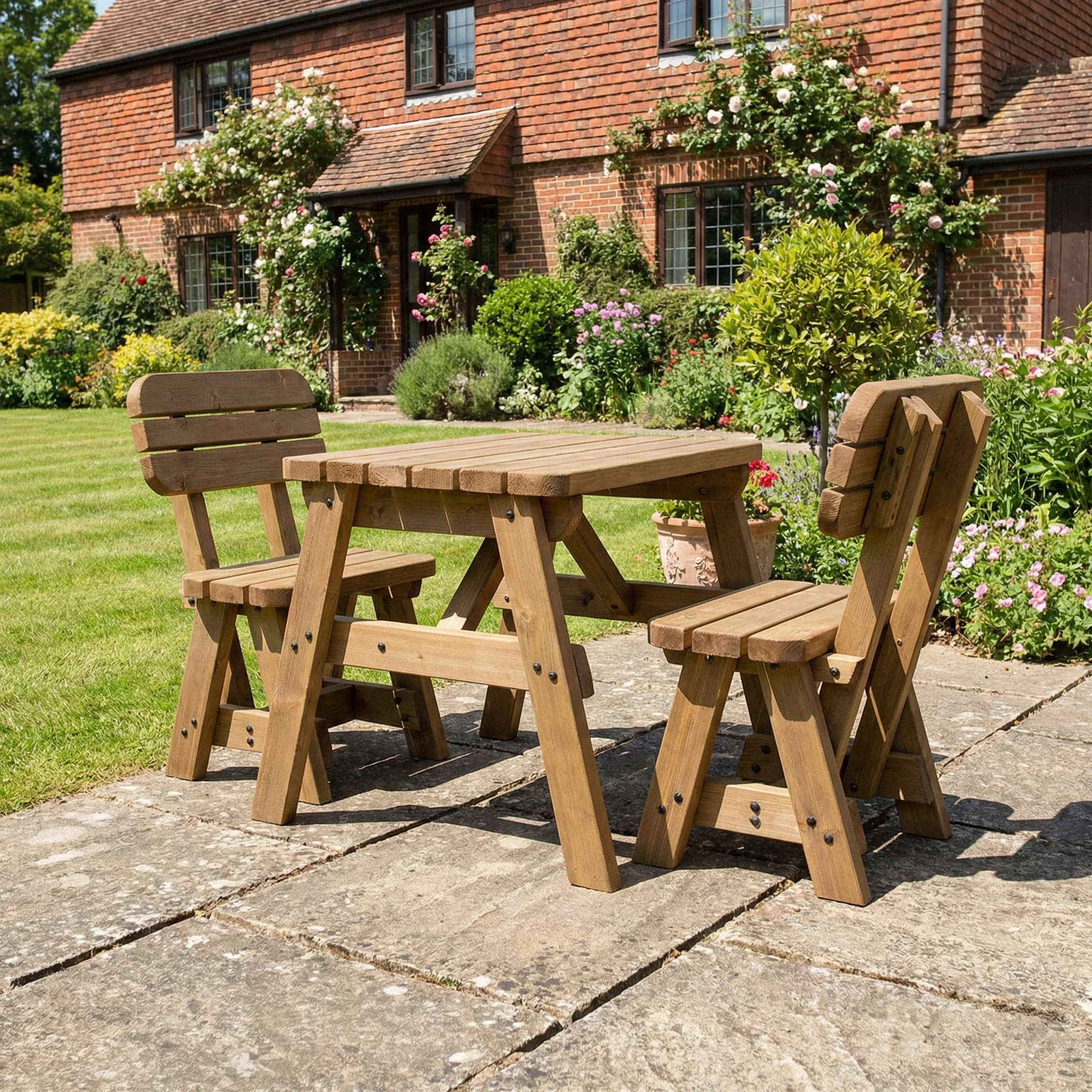 Victoria Space Saving Rounded Picnic Table and Bench Set With Backrest - Rustic Finish - Image 3