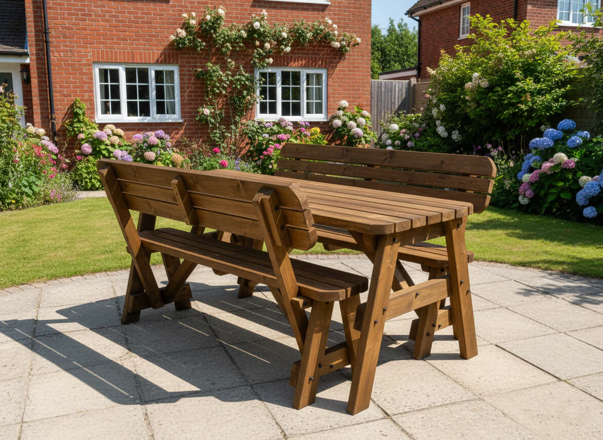 Victoria Space Saving Rounded Picnic Table and Bench Set With Backrest - Rustic Finish - Image 4