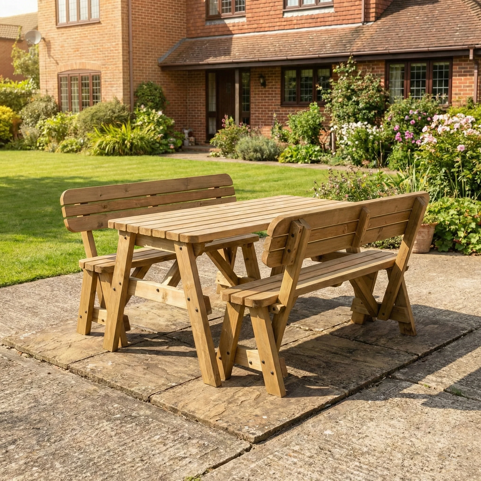 Victoria Space Saving Rounded Picnic Table and Bench Set With Backrest - Rustic Finish - Image 5