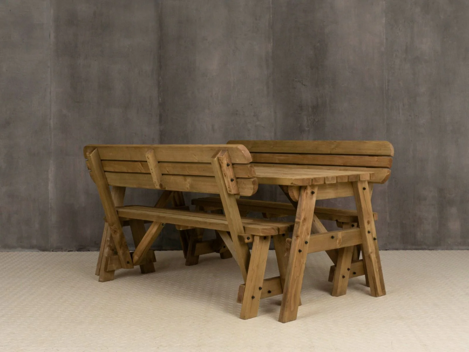 Victoria Space Saving Rounded Picnic Table and Bench Set With Backrest - Rustic Finish - Image 9