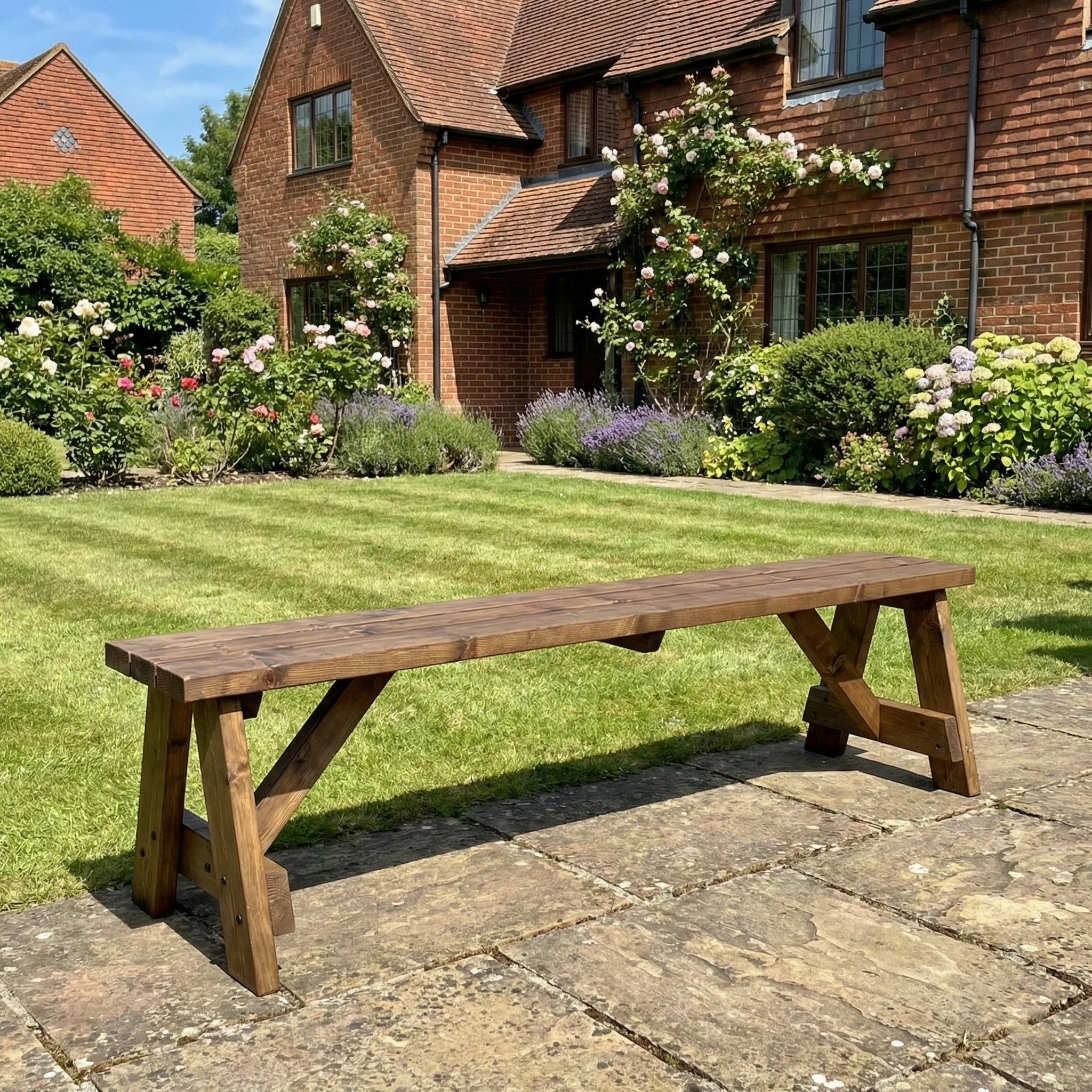 Victoria Wooden Garden Bench, Outdoor Fence Seat - Rustic Brown Finish - Image 3