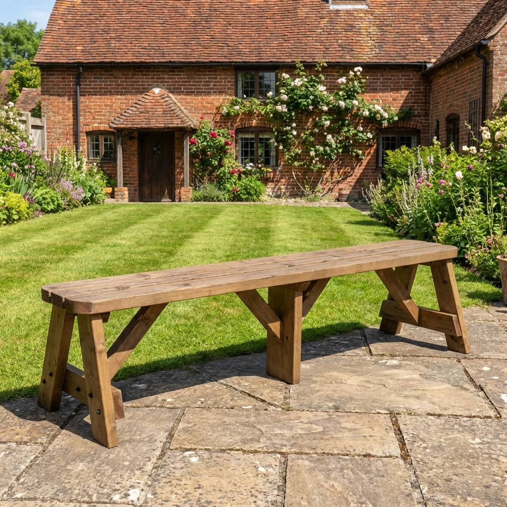 Victoria Wooden Garden Rounded Bench, Outdoor Fence Seat - Rustic Brown Finish - Image 3
