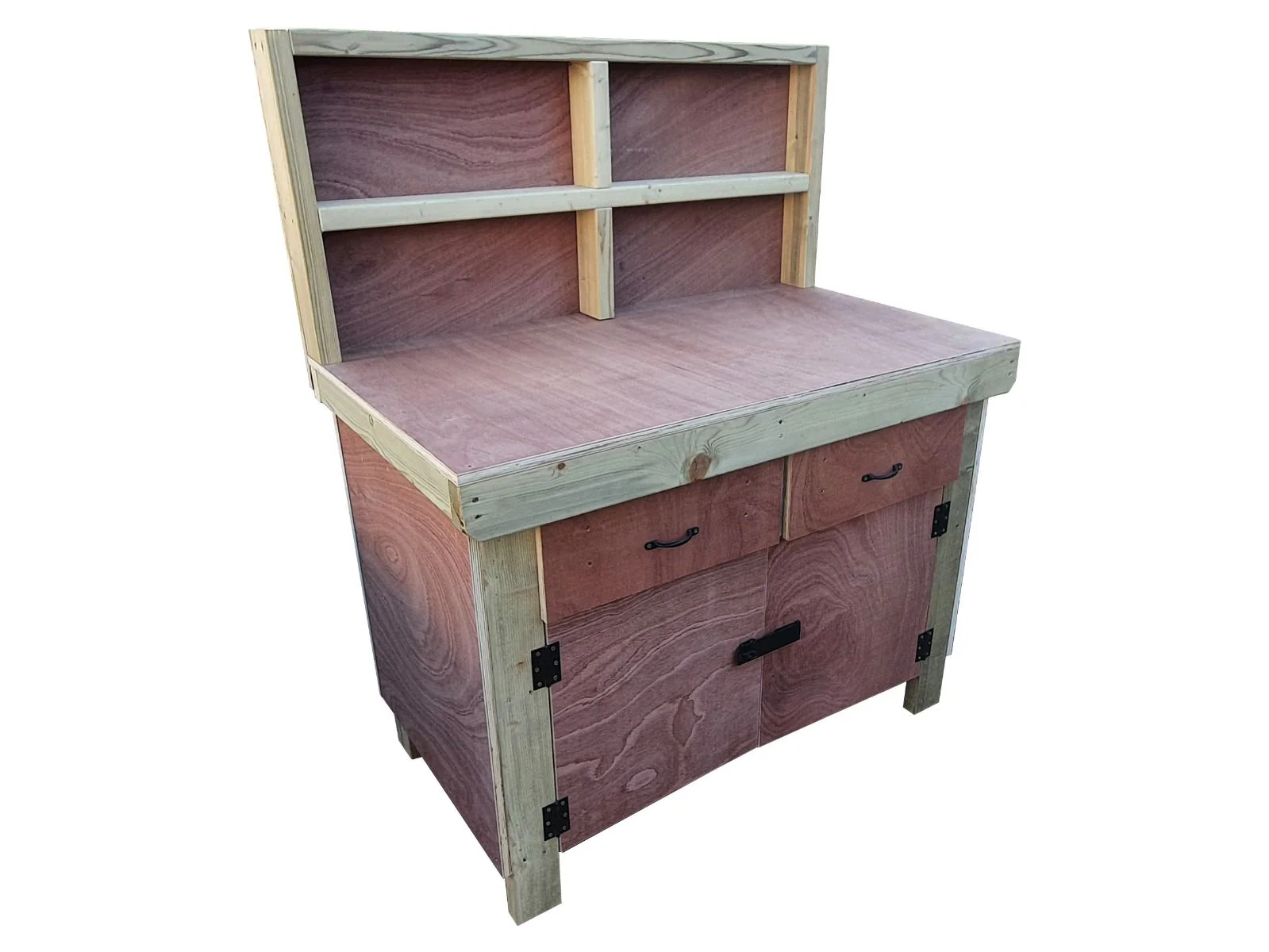 Wooden Eucalyptus hardwood top storage workbench with lockable cupboard and drawers (V.4) with back
