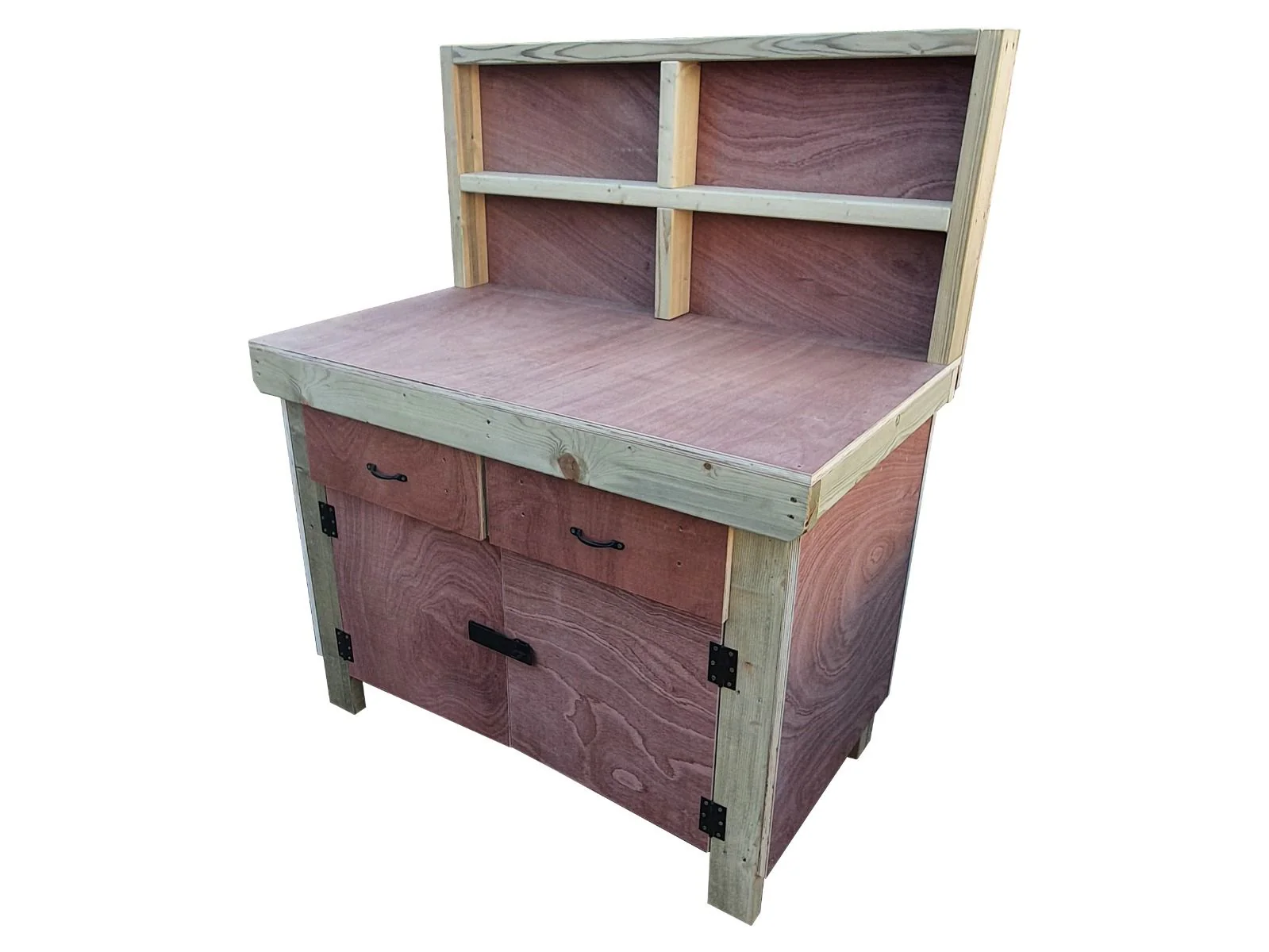 Wooden Eucalyptus hardwood top storage workbench with lockable cupboard and drawers (V.4) with back - Image 5