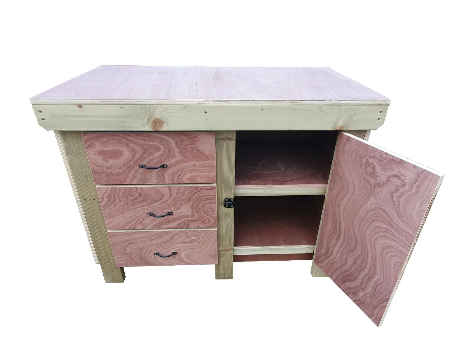 Wooden Eucalyptus hardwood top workbench, cabinet with lockable cupboard (V.3) double shelf - Image 4