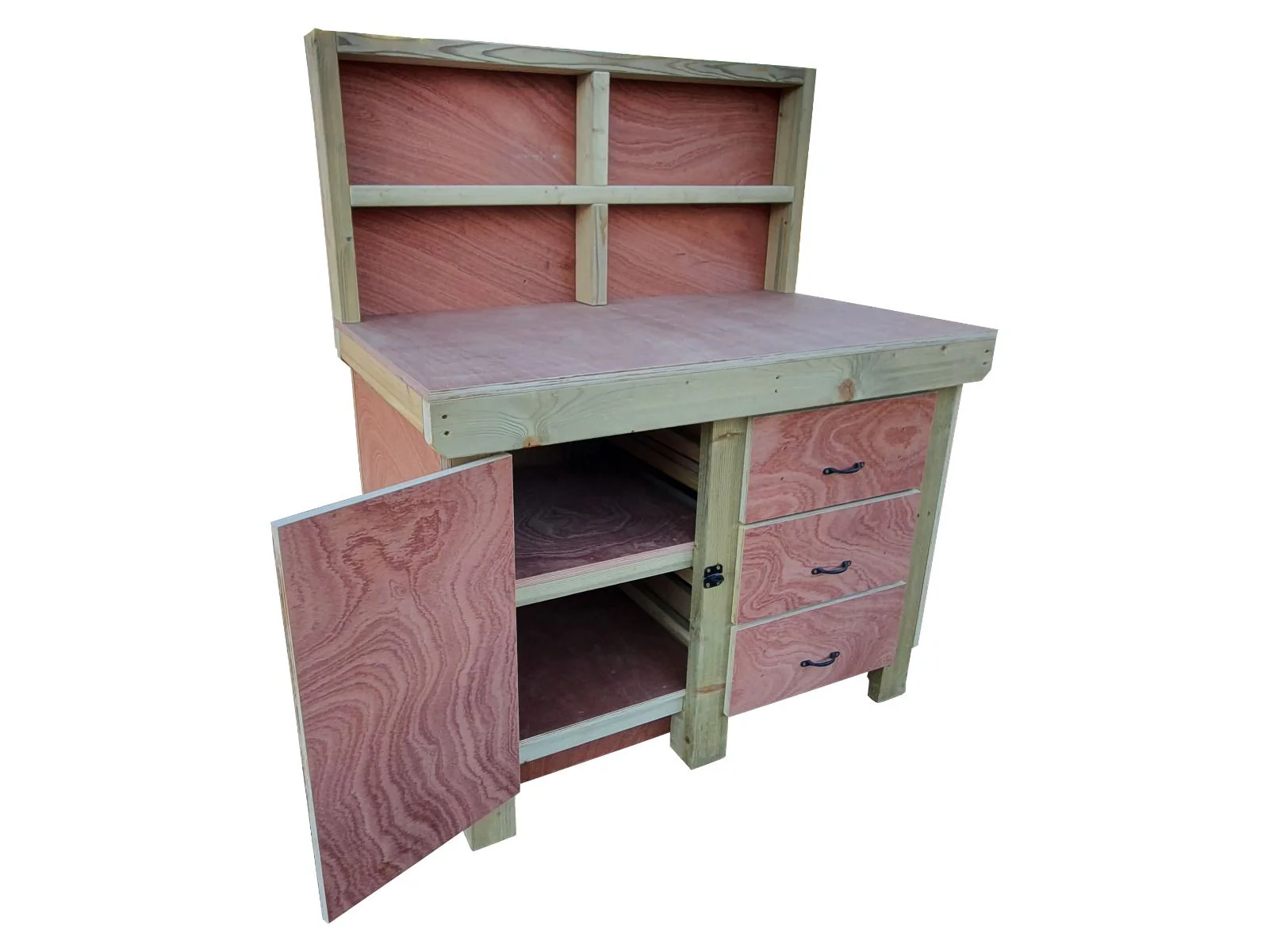 Wooden Eucalyptus hardwood top workbench, cabinet with lockable cupboard (V.3) with back and double shelf - Image 3