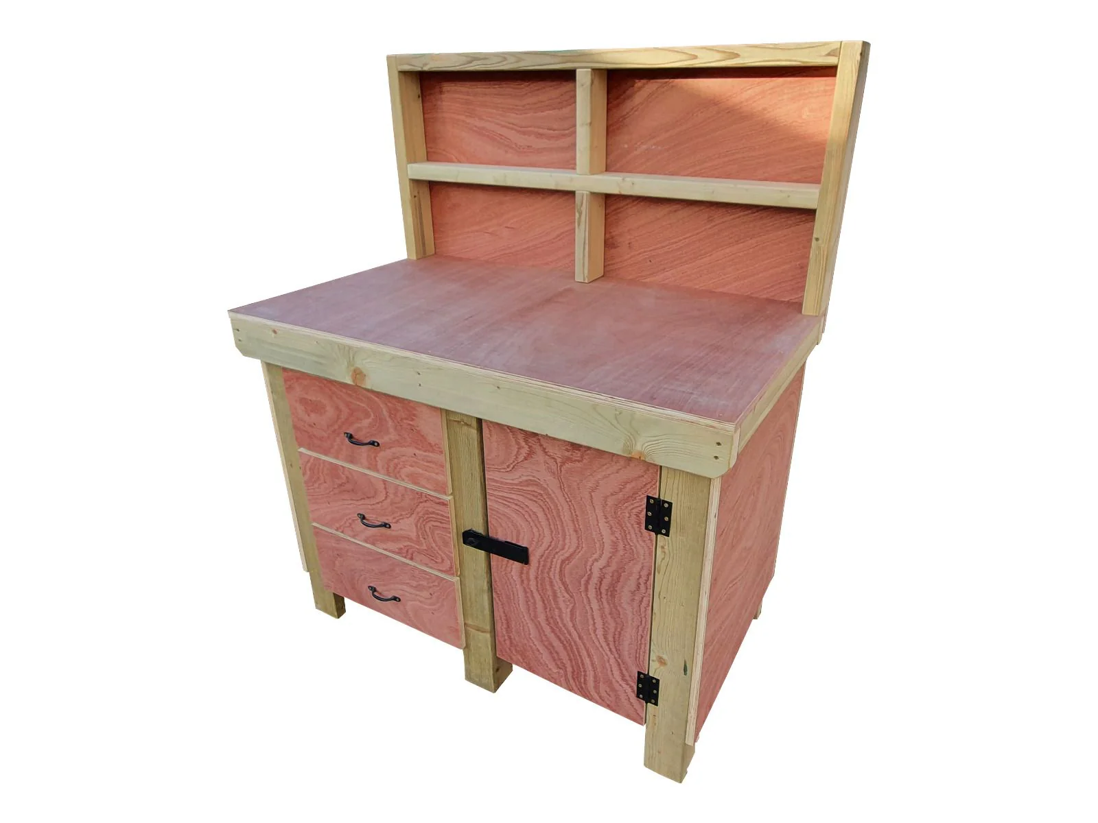 Wooden Eucalyptus hardwood top workbench, cabinet with lockable cupboard (V.3) with back and double shelf - Image 4