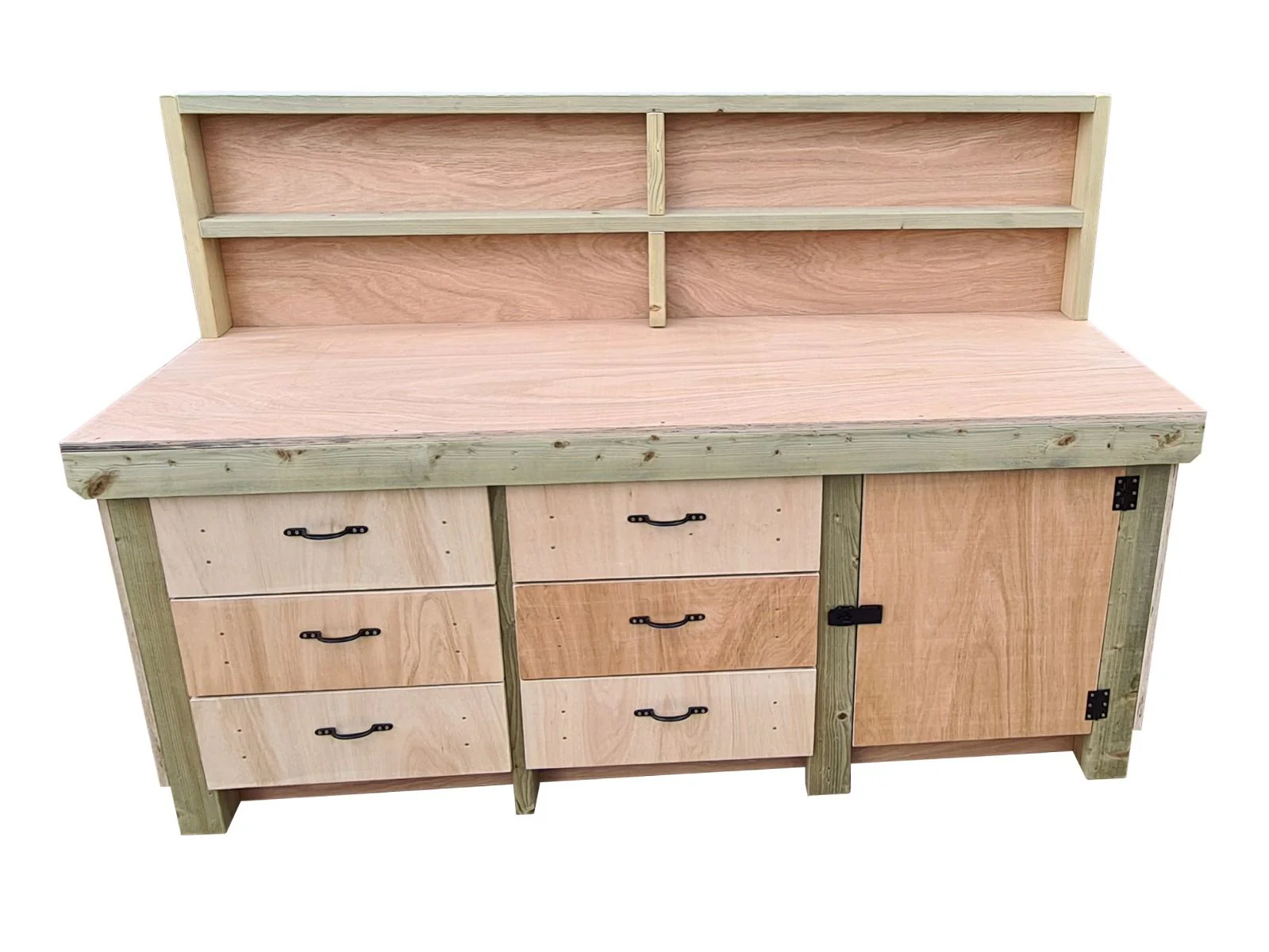 Wooden Eucalyptus hardwood top workbench, cabinet with lockable cupboard (V.3) with back and double shelf - Image 9