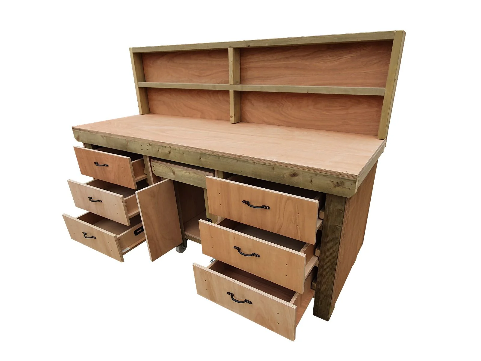 Wooden Eucalyptus hardwood top workbench with drawers and functional lockable cupboard (V.5) with back - Image 4