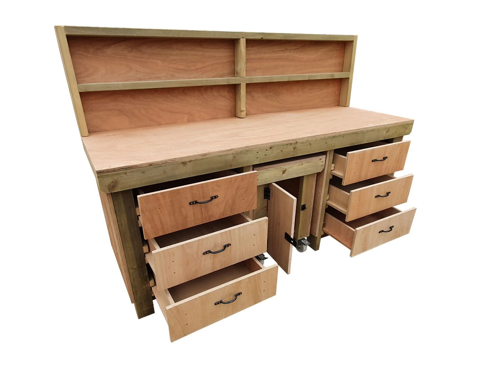 Wooden Eucalyptus hardwood top workbench with drawers and functional lockable cupboard (V.5) with back - Image 5