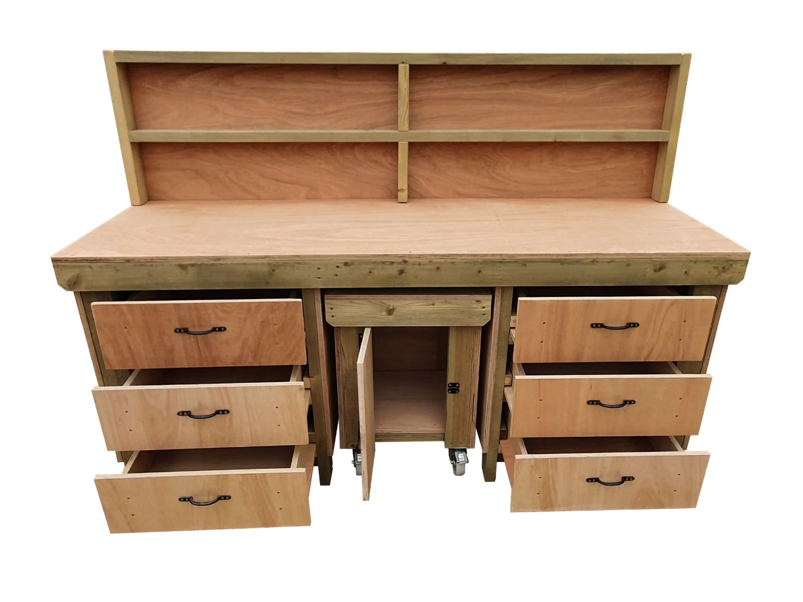 Wooden Eucalyptus hardwood top workbench with drawers and functional lockable cupboard (V.5) with back - Image 6