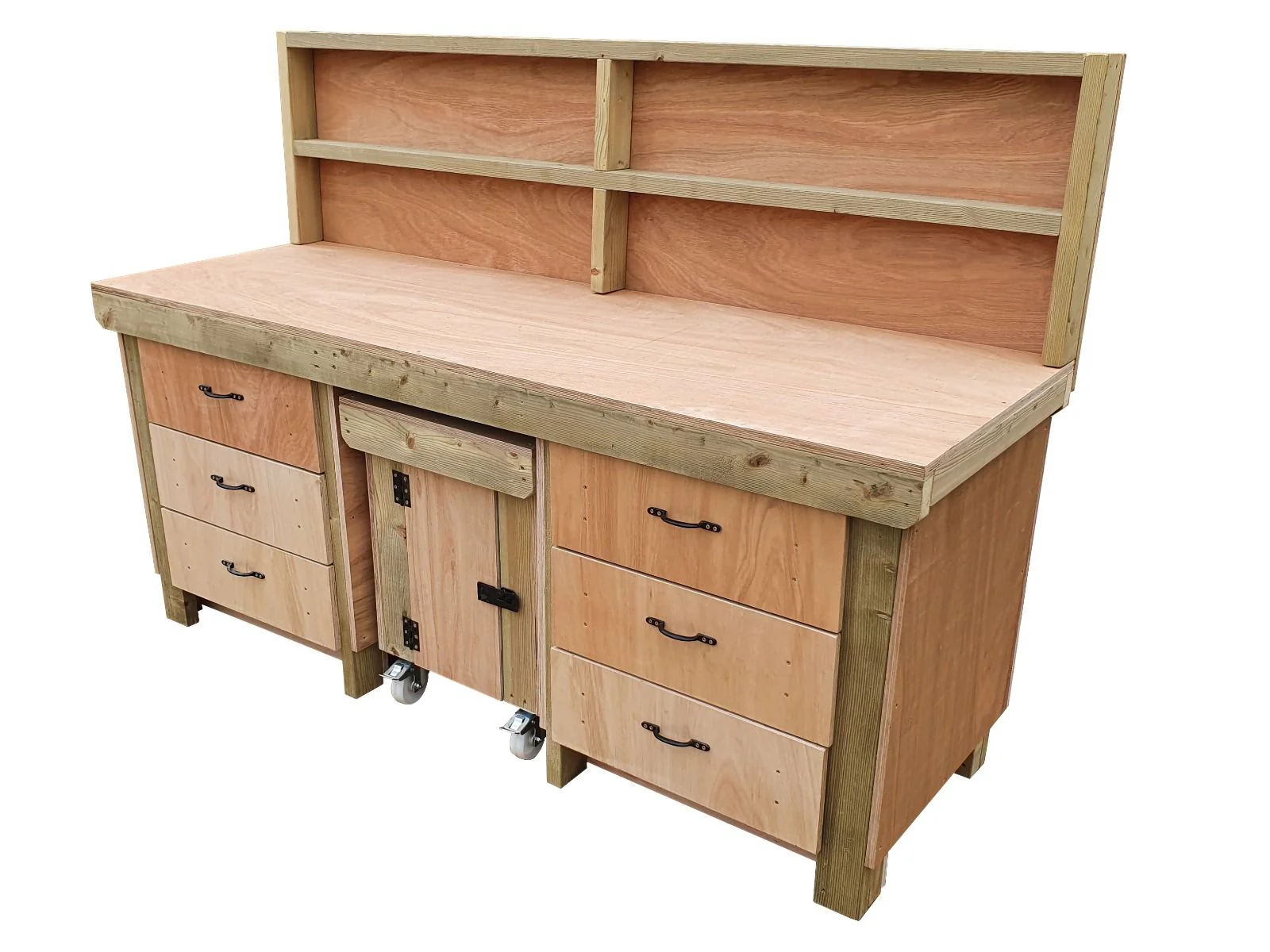 Wooden Eucalyptus hardwood top workbench with drawers and functional lockable cupboard (V.5) with back - Image 7