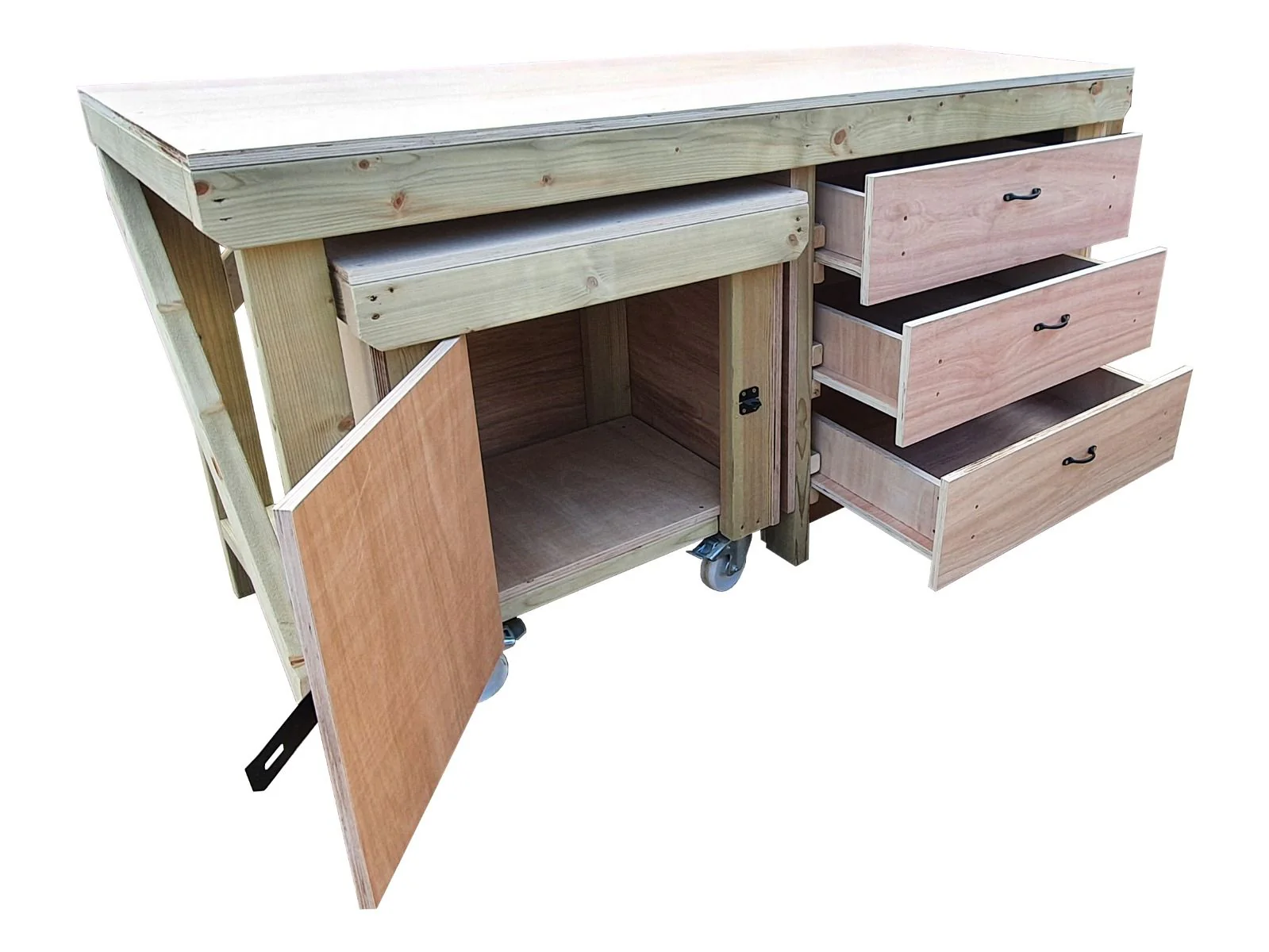 Wooden Eucalyptus hardwood top workbench with drawers and functional lockable cupboard (V.6) - Image 4