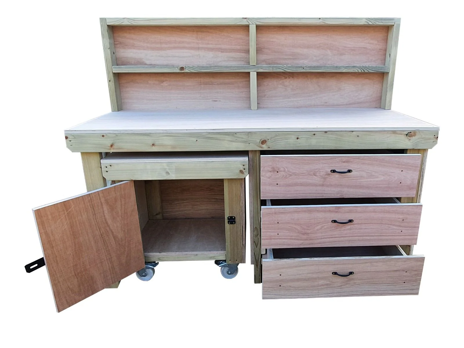 Wooden Eucalyptus hardwood top workbench with drawers and functional lockable cupboard (V.6) with back - Image 3