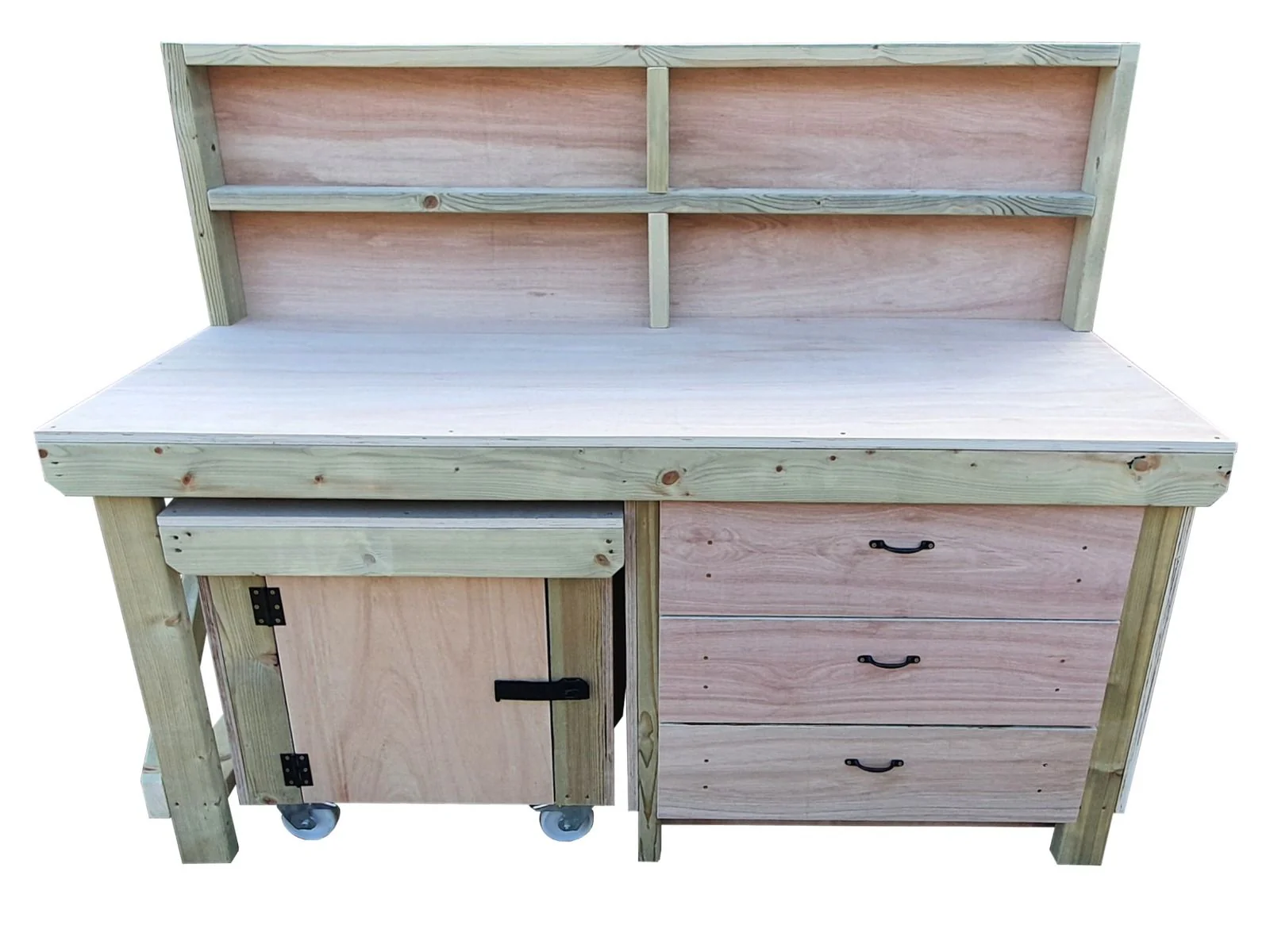 Wooden Eucalyptus hardwood top workbench with drawers and functional lockable cupboard (V.6) with back - Image 4