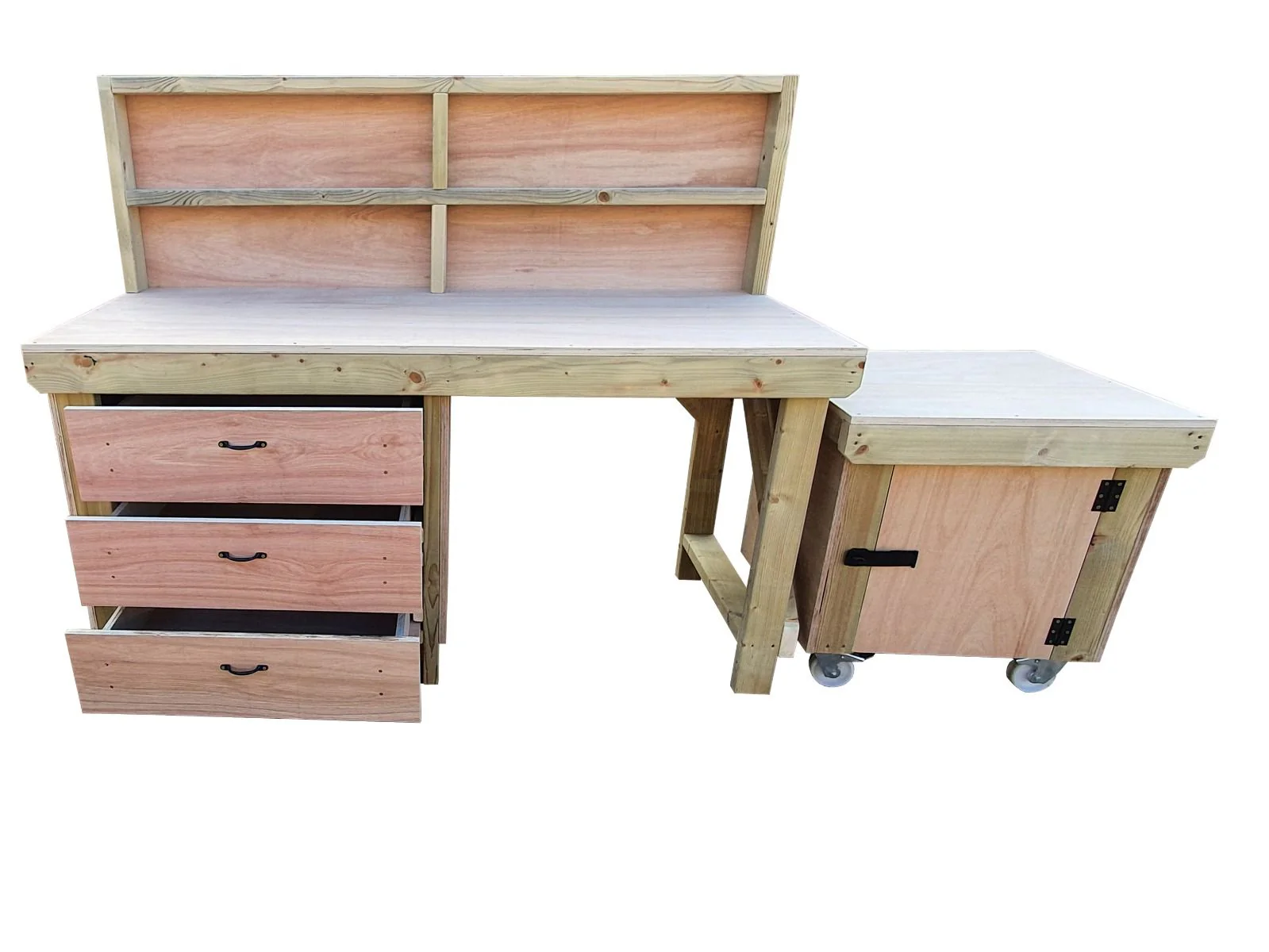 Wooden Eucalyptus hardwood top workbench with drawers and functional lockable cupboard (V.6) with back - Image 5