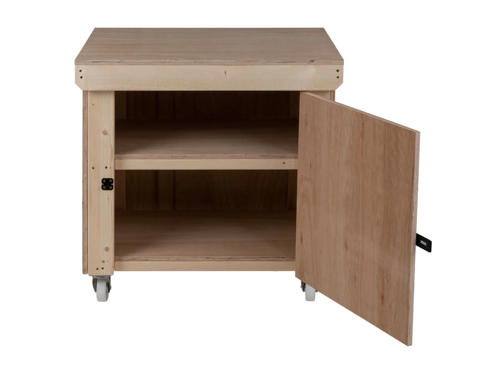 Wooden Eucalyptus hardwood top workbench with lockable cupboard (V.9) double shelf and wheels - Image 4