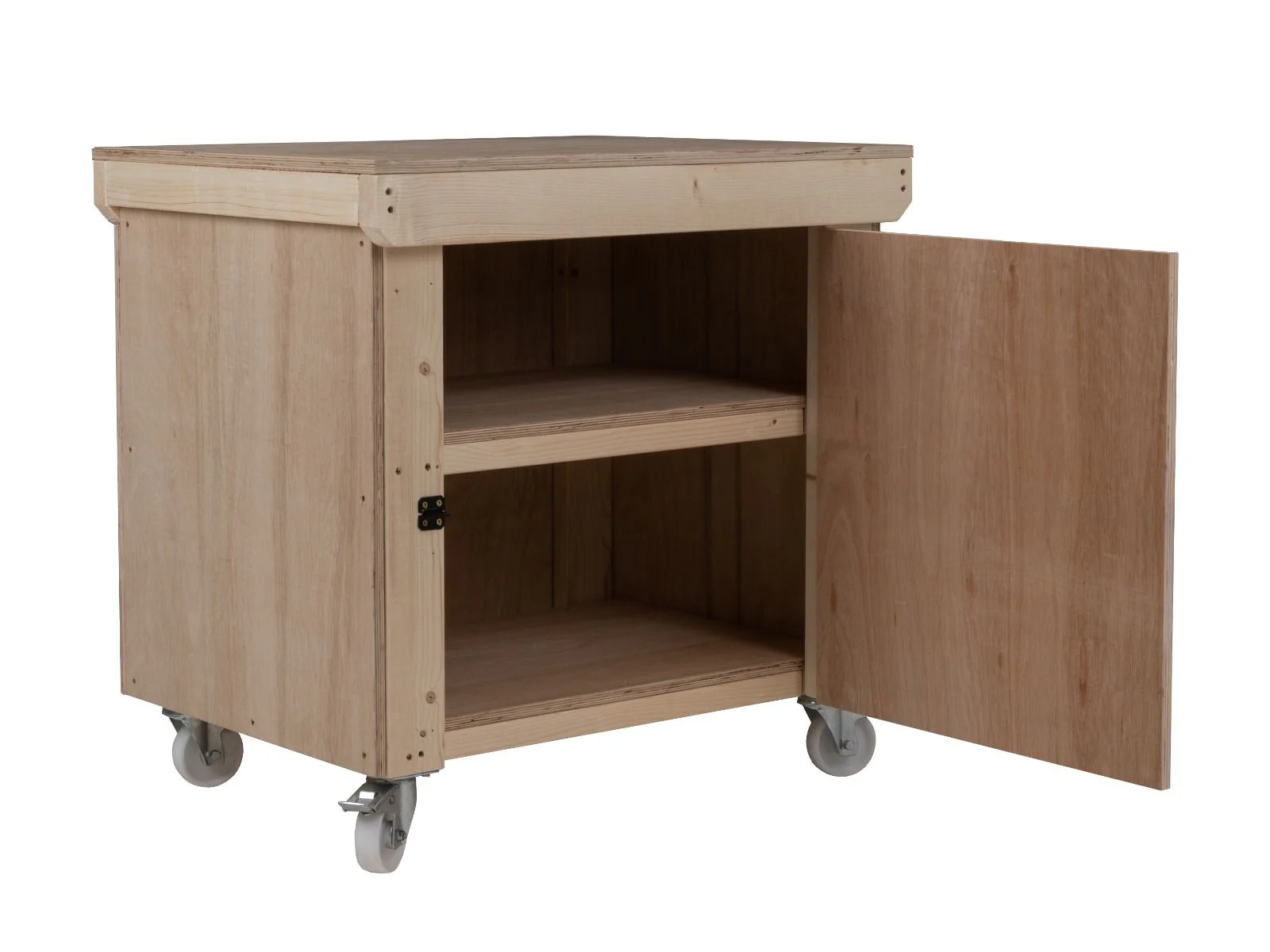 Wooden Eucalyptus hardwood top workbench with lockable cupboard (V.9) double shelf and wheels - Image 6