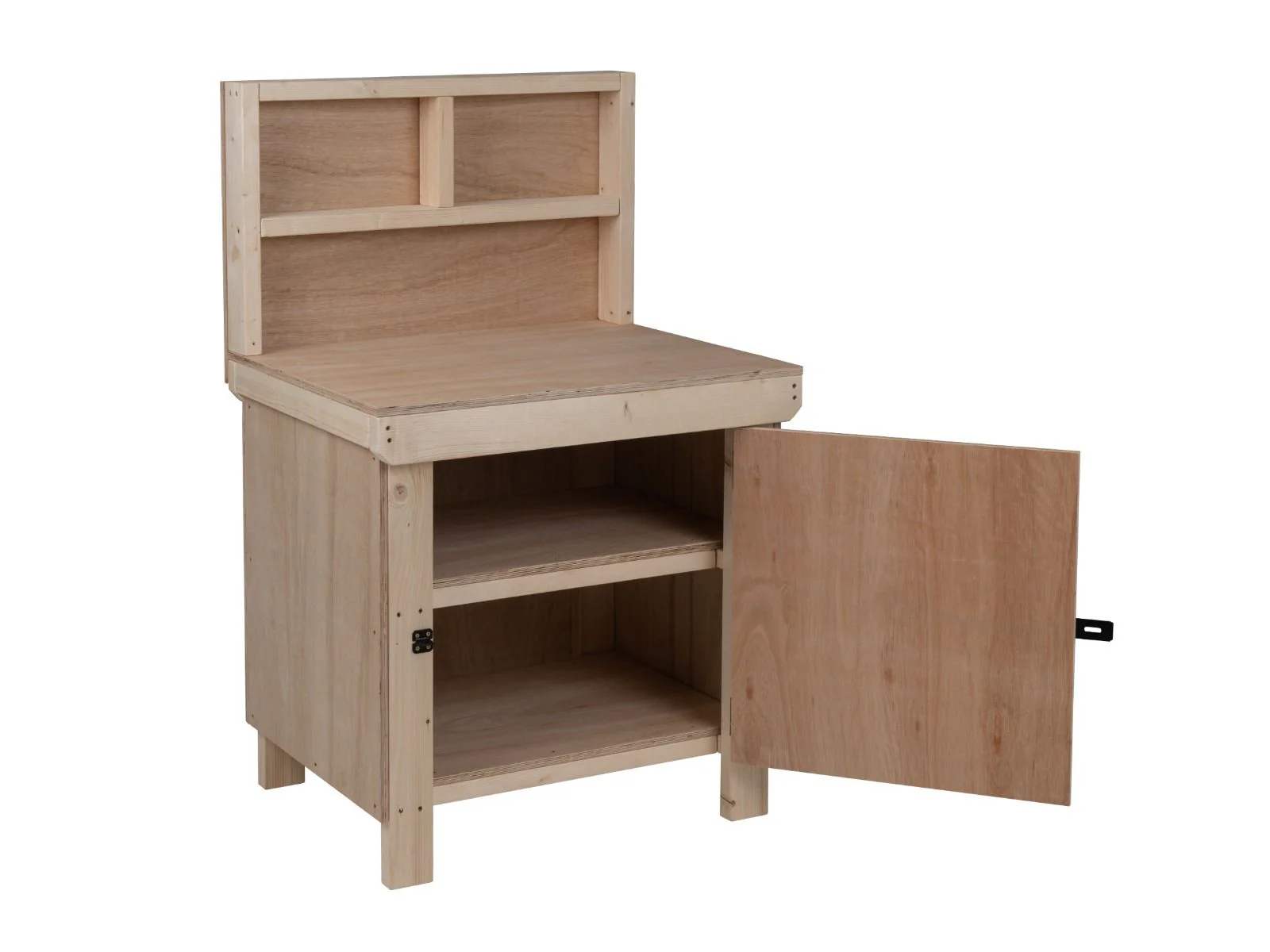 Wooden Eucalyptus hardwood top workbench with lockable cupboard (V.9) with back panel and double shelf - Image 3