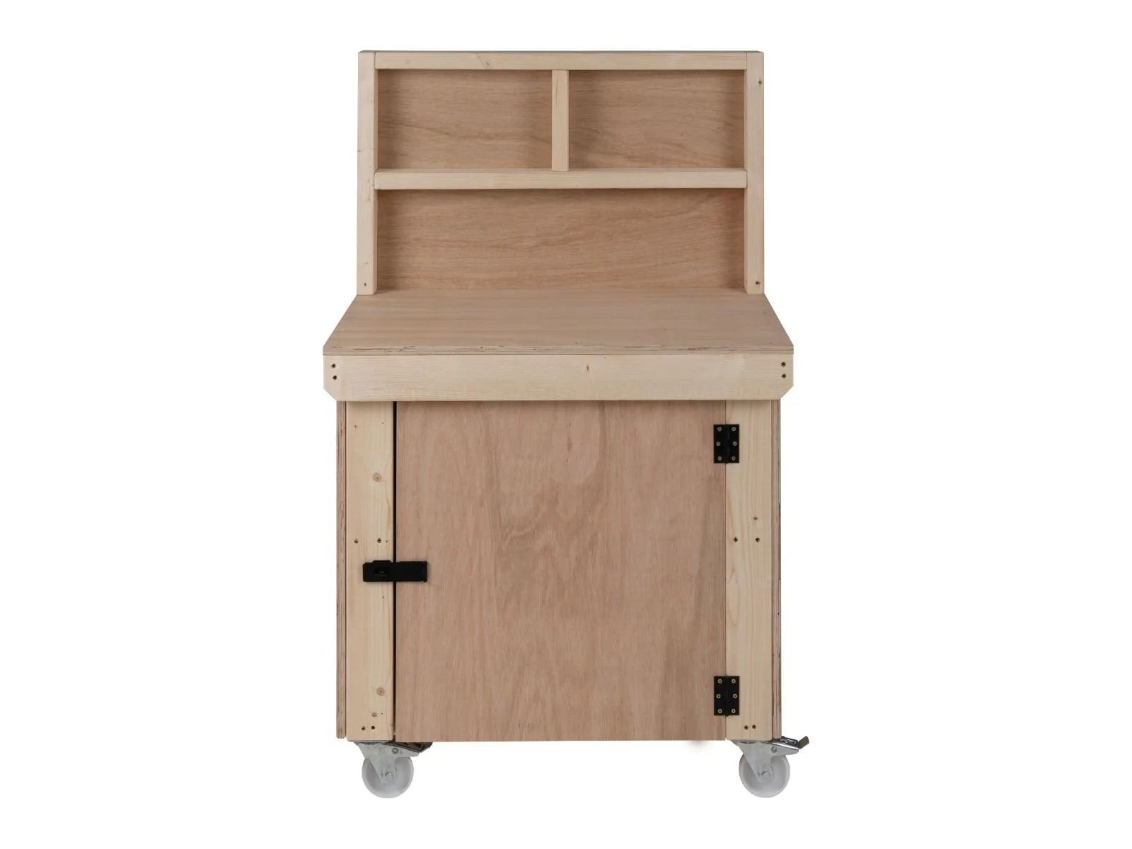 Wooden Eucalyptus hardwood top workbench with lockable cupboard (V.9) with back panel and wheels - Image 10