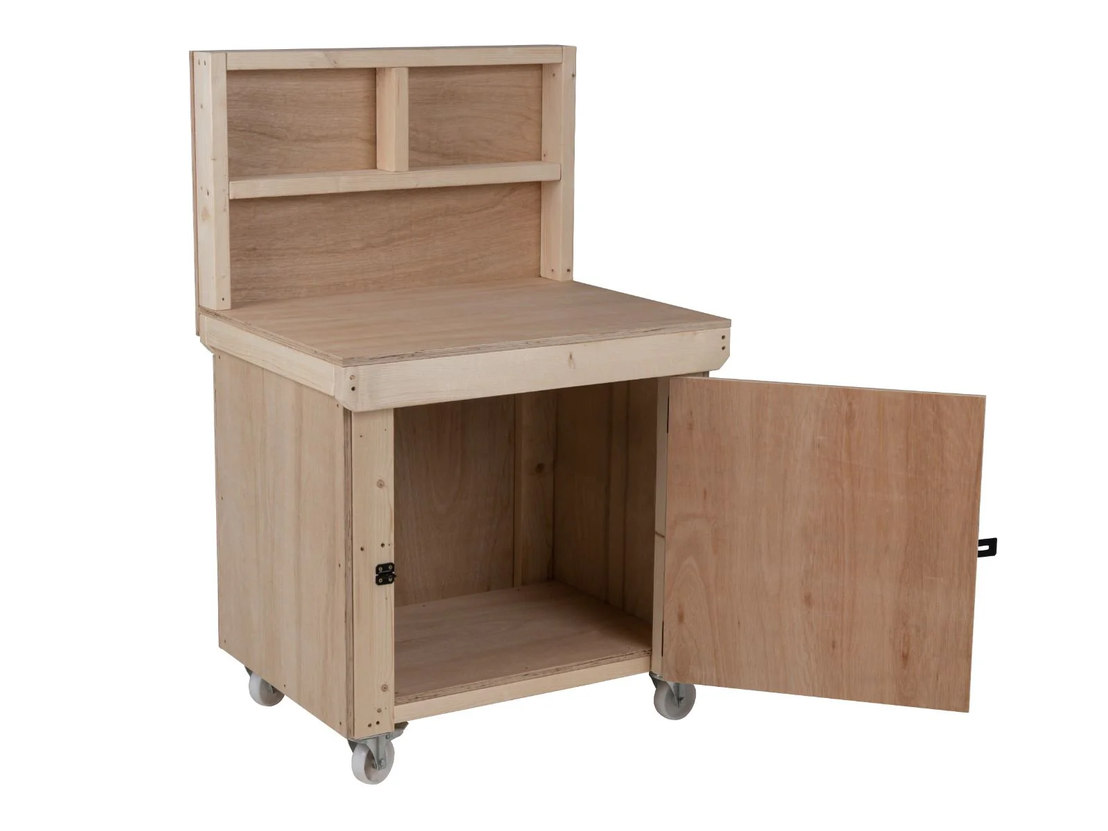 Wooden Eucalyptus hardwood top workbench with lockable cupboard (V.9) with back panel and wheels - Image 3