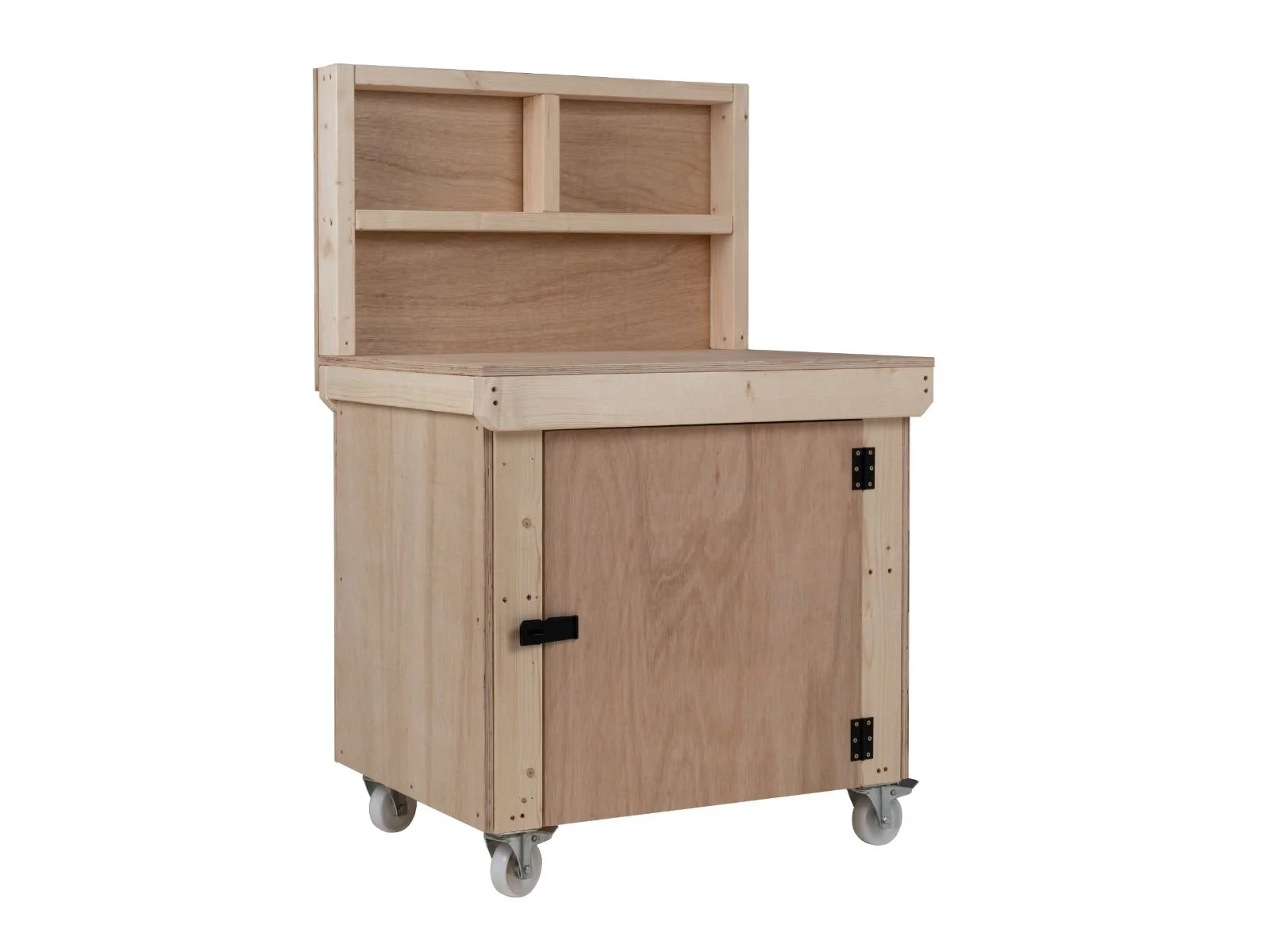 Wooden Eucalyptus hardwood top workbench with lockable cupboard (V.9) with back panel and wheels - Image 6