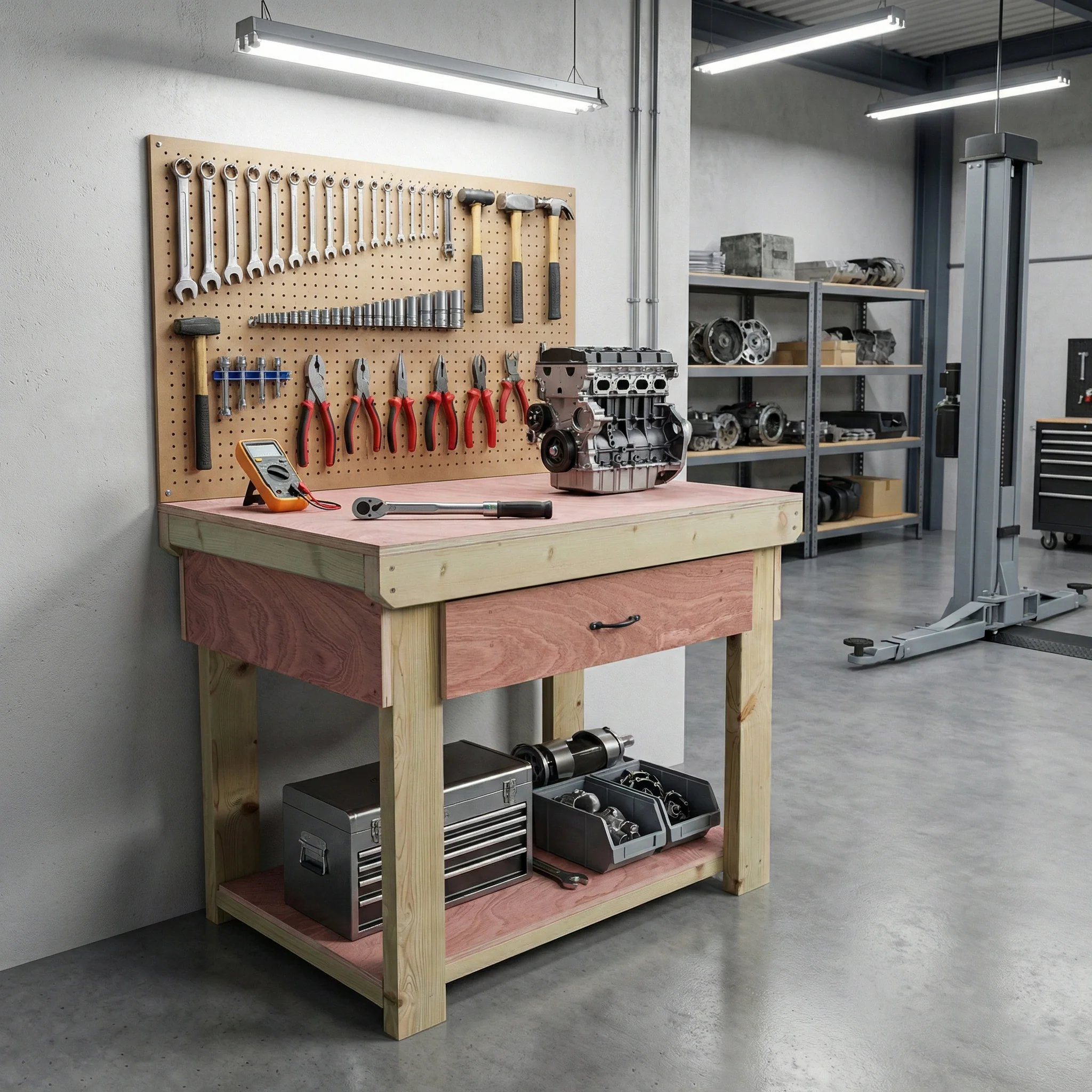 Wooden Eucalyptus hardwood workbench, tool cabinet with drawer (V.1) - Image 11