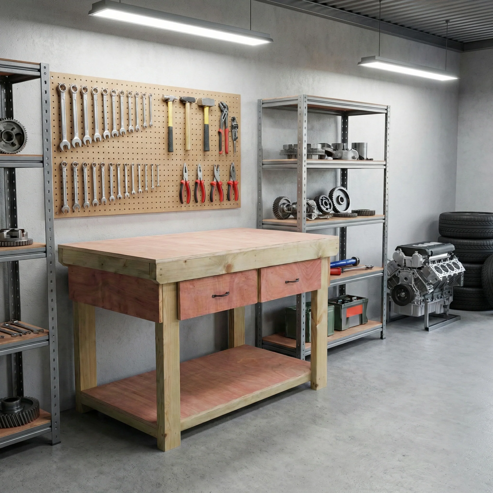 Wooden Eucalyptus hardwood workbench, tool cabinet with drawer (V.1) - Image 7
