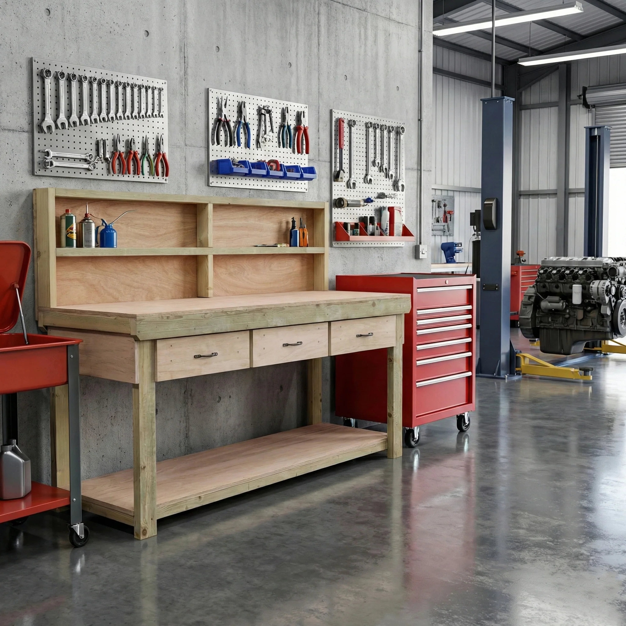 Wooden Eucalyptus hardwood workbench, tool cabinet with drawer (V.1) with back - Image 11