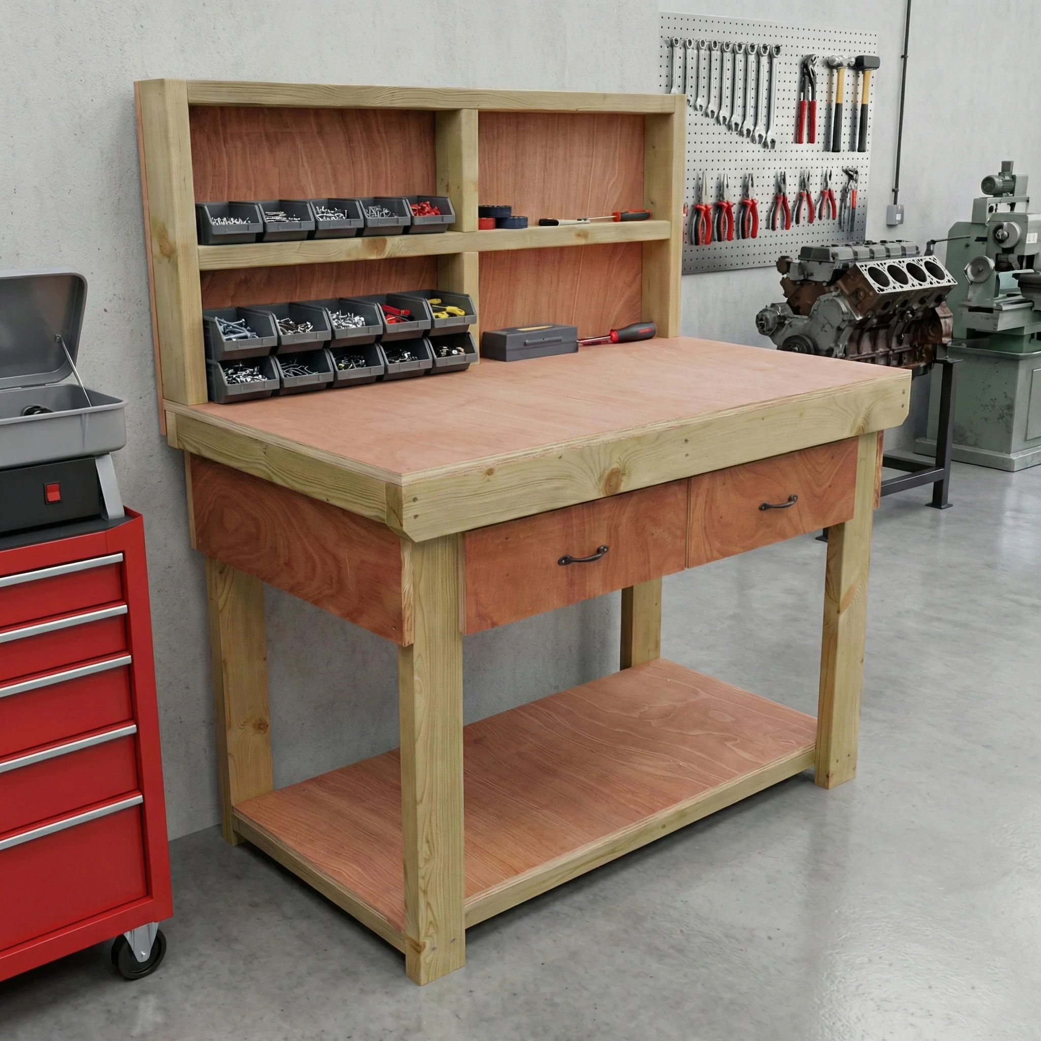 Wooden Eucalyptus hardwood workbench, tool cabinet with drawer (V.1) with back - Image 6