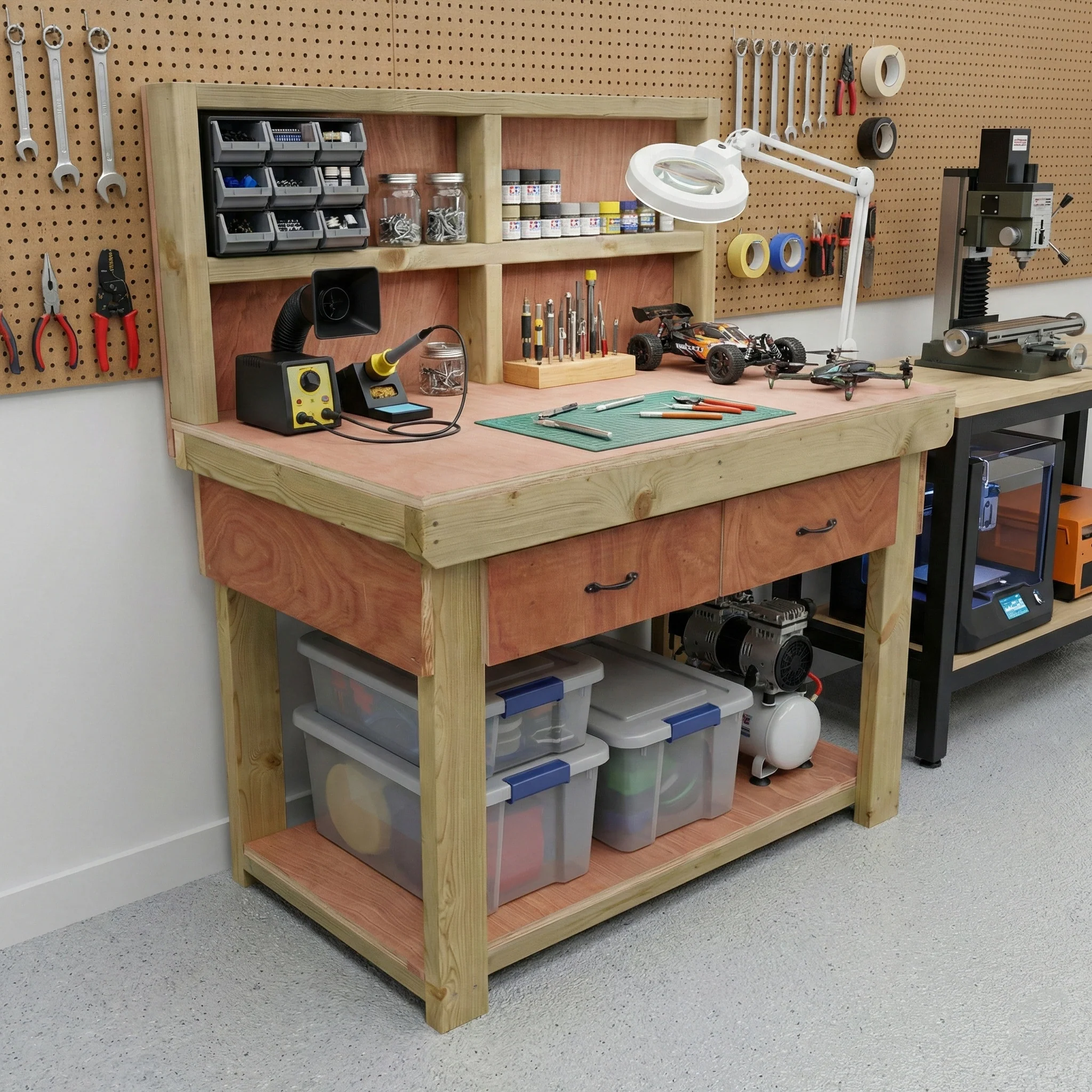 Wooden Eucalyptus hardwood workbench, tool cabinet with drawer (V.1) with back - Image 7