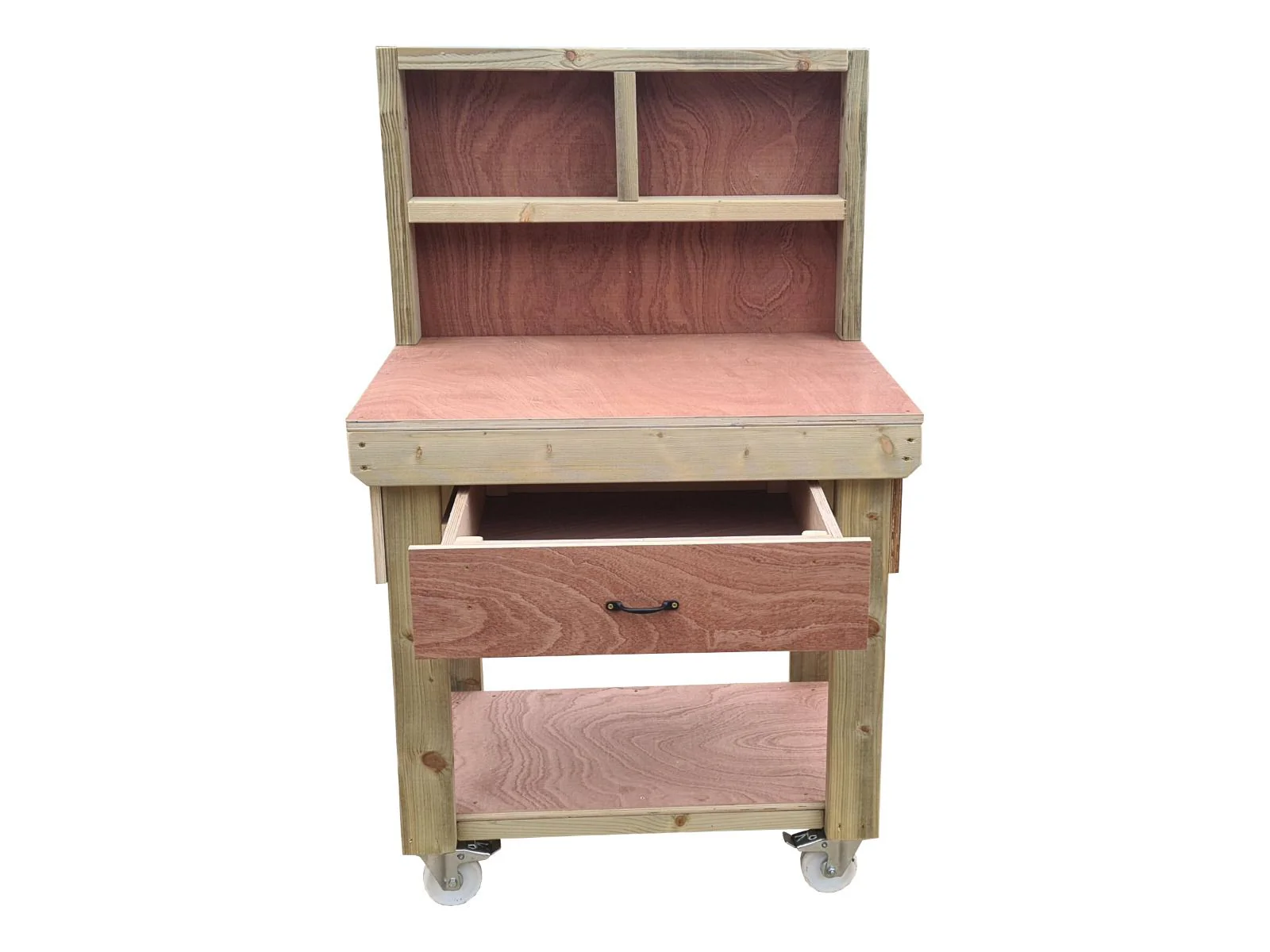 Wooden Eucalyptus hardwood workbench, tool cabinet with drawer (V.1) with back and wheels - Image 10