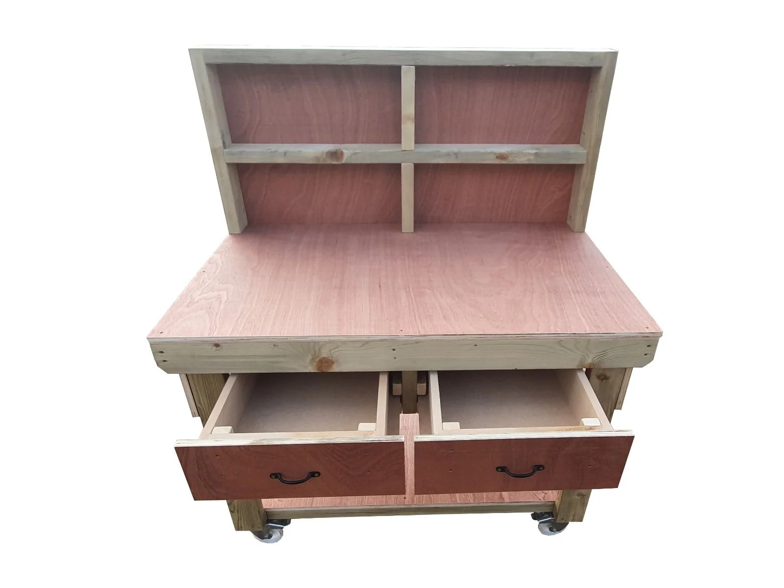 Wooden Eucalyptus hardwood workbench, tool cabinet with drawer (V.1) with back and wheels - Image 11