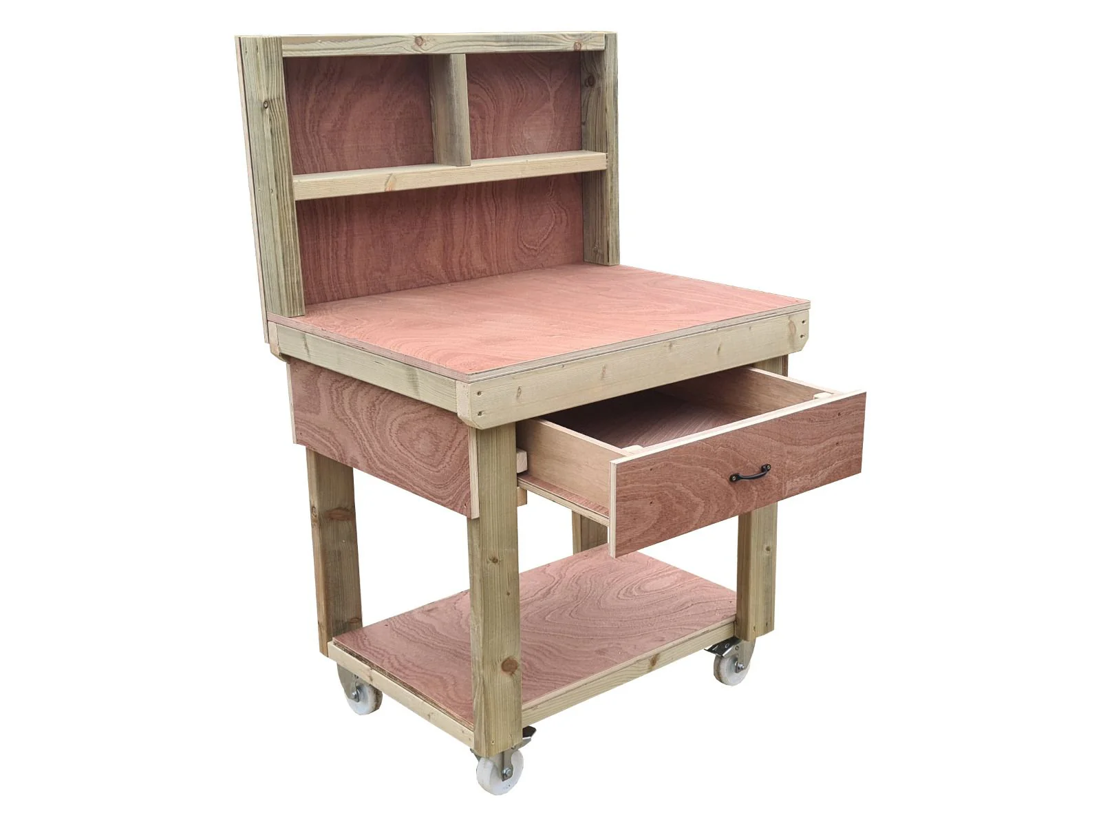 Wooden Eucalyptus hardwood workbench, tool cabinet with drawer (V.1) with back and wheels - Image 12
