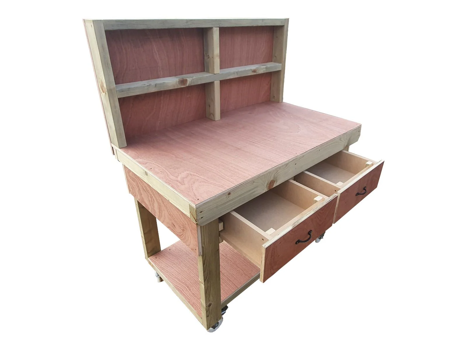 Wooden Eucalyptus hardwood workbench, tool cabinet with drawer (V.1) with back and wheels - Image 13