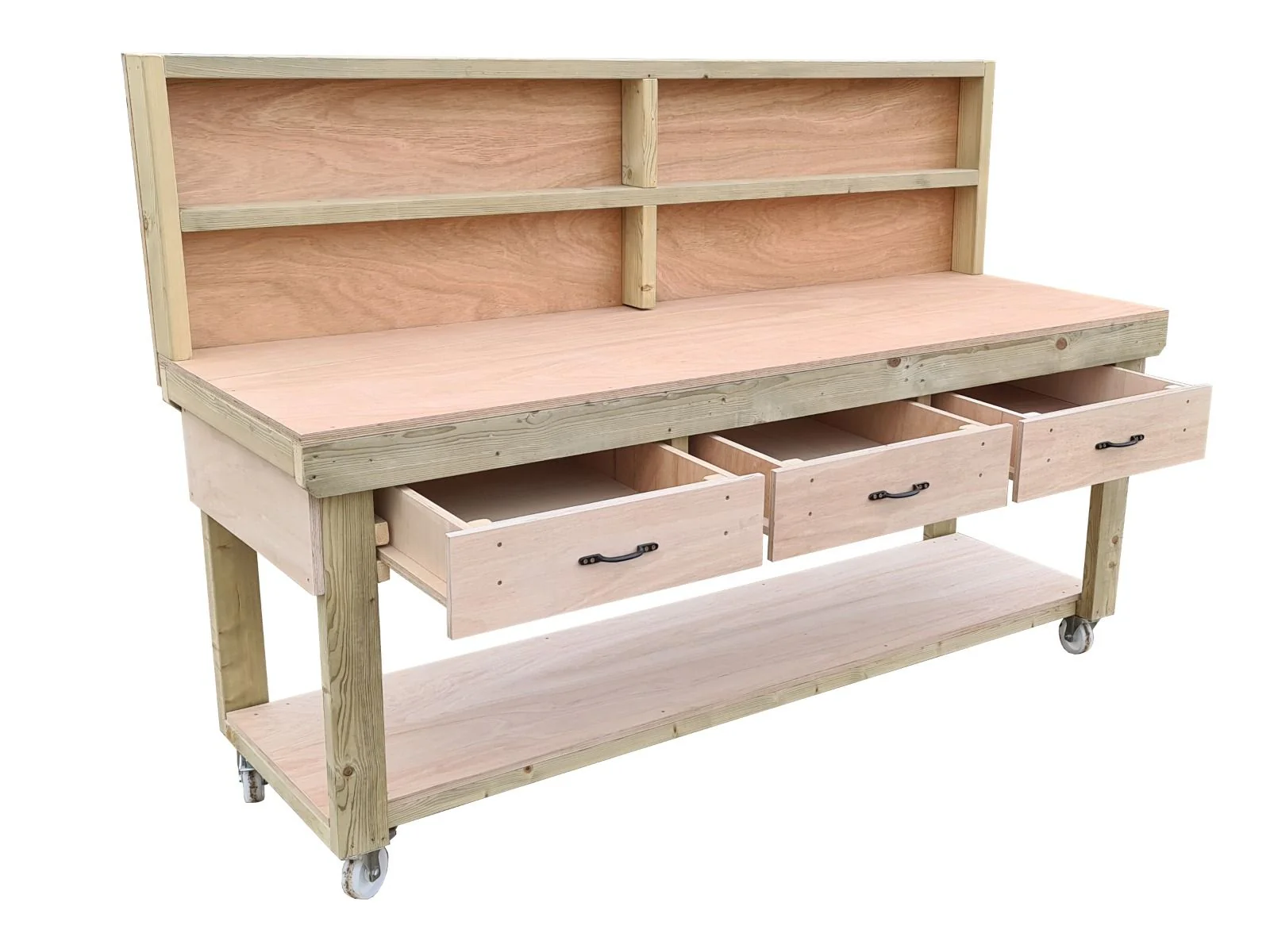 Wooden Eucalyptus hardwood workbench, tool cabinet with drawer (V.1) with back and wheels - Image 14