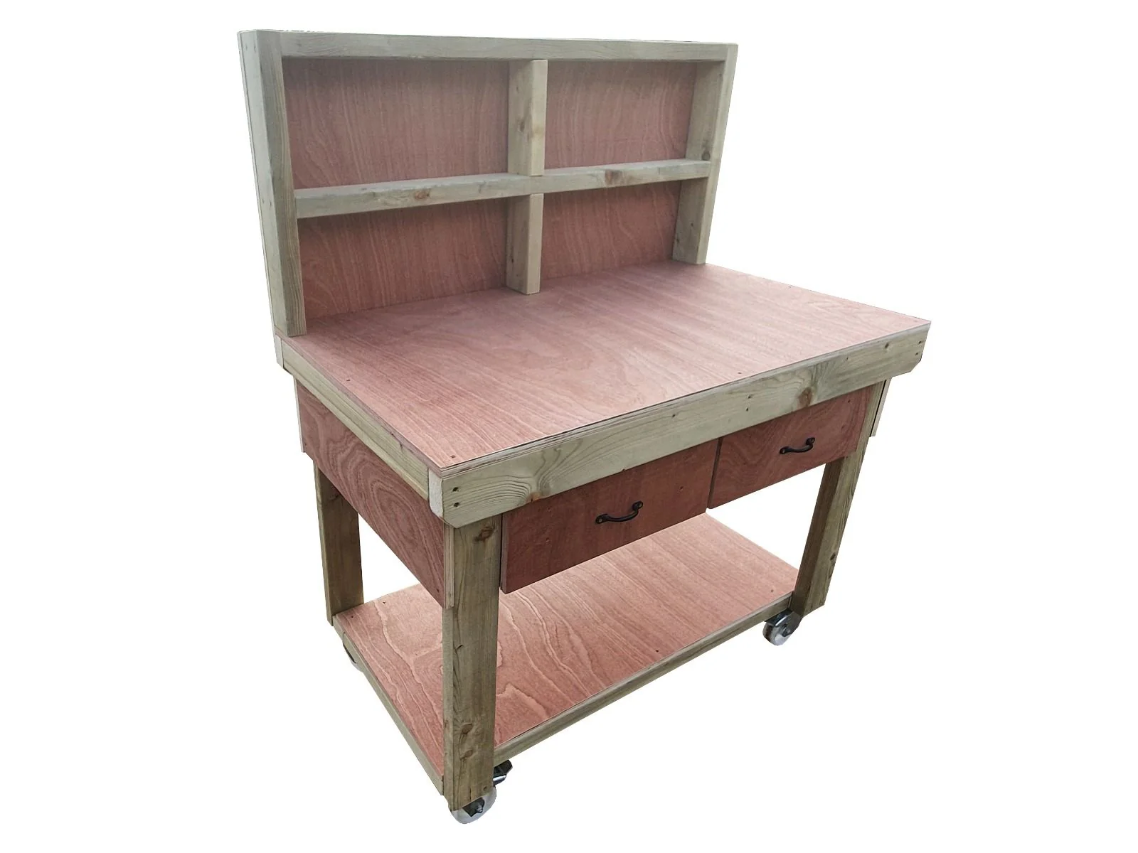 Wooden Eucalyptus hardwood workbench, tool cabinet with drawer (V.1) with back and wheels - Image 3