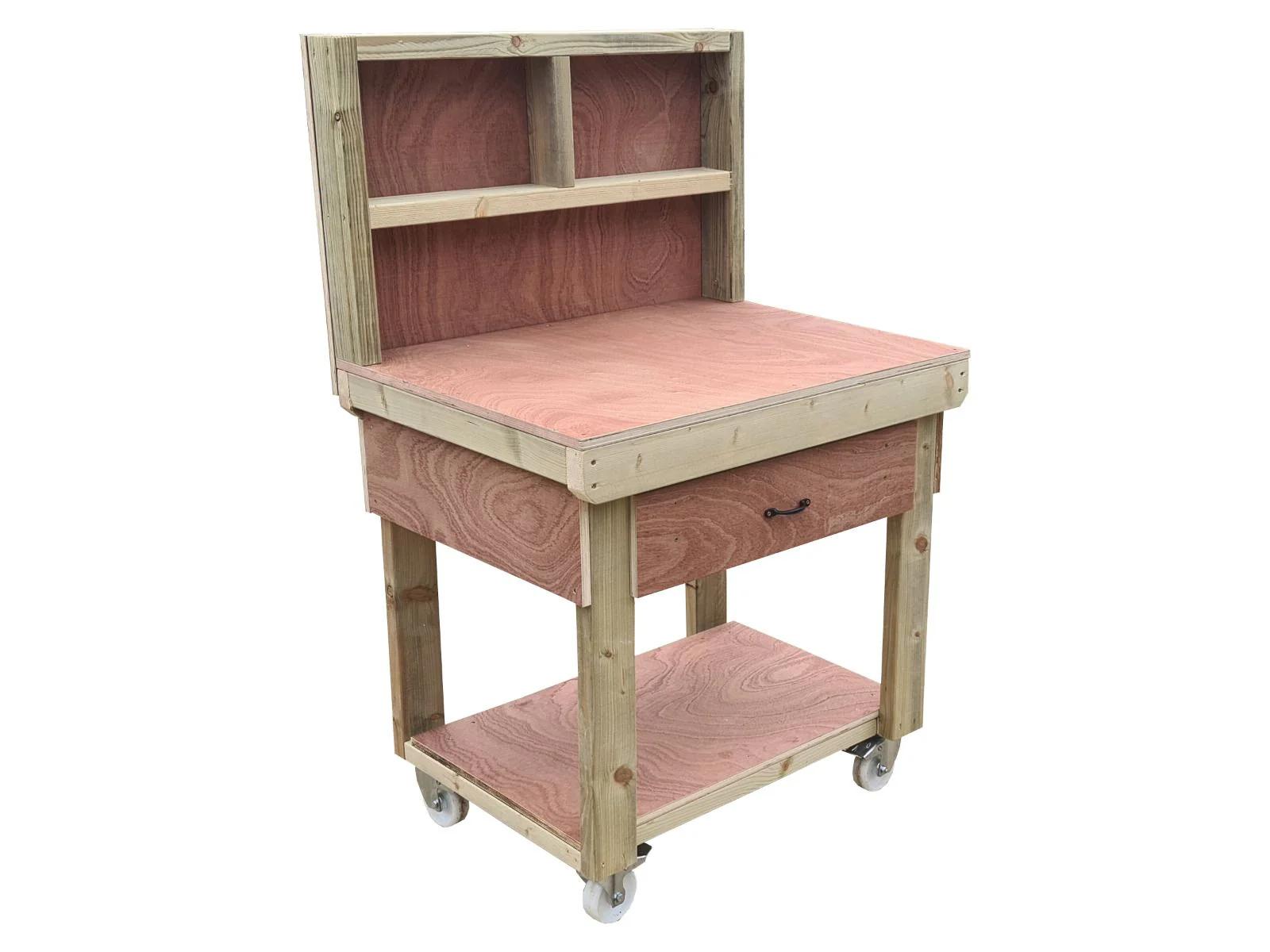 Wooden Eucalyptus hardwood workbench, tool cabinet with drawer (V.1) with back and wheels - Image 4