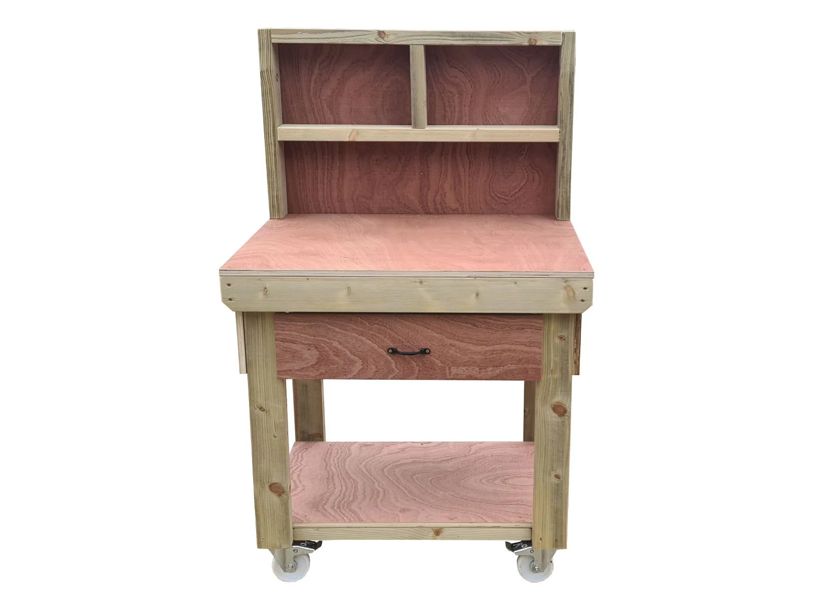 Wooden Eucalyptus hardwood workbench, tool cabinet with drawer (V.1) with back and wheels - Image 5