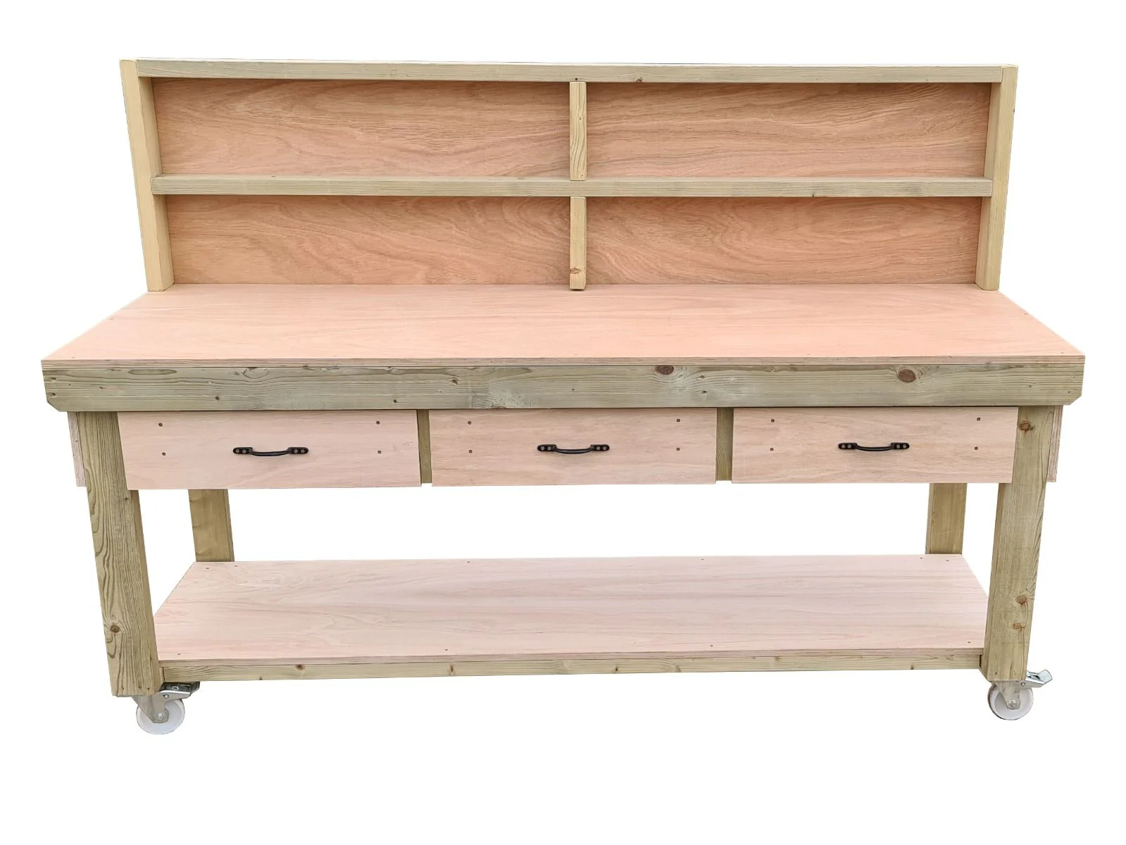 Wooden Eucalyptus hardwood workbench, tool cabinet with drawer (V.1) with back and wheels - Image 6