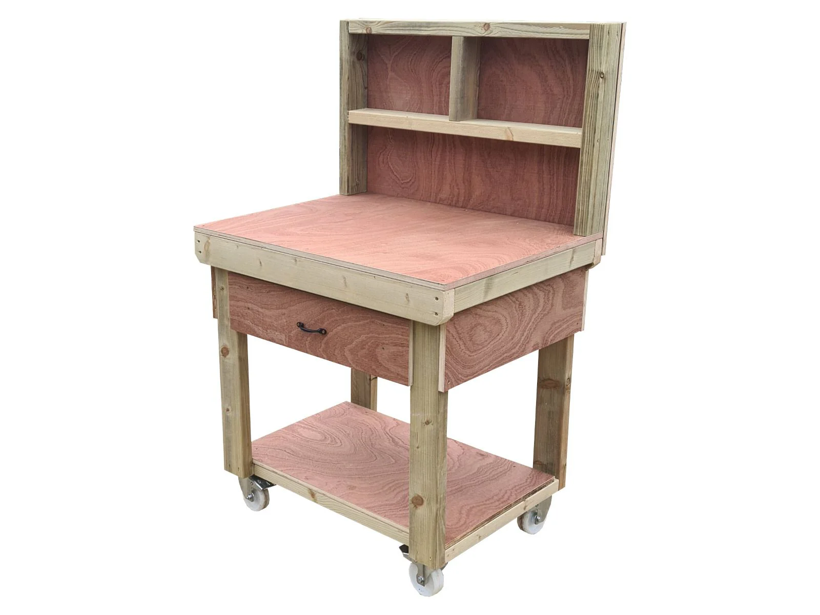 Wooden Eucalyptus hardwood workbench, tool cabinet with drawer (V.1) with back and wheels - Image 7