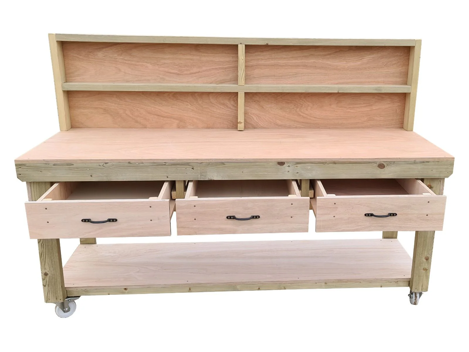 Wooden Eucalyptus hardwood workbench, tool cabinet with drawer (V.1) with back and wheels - Image 9