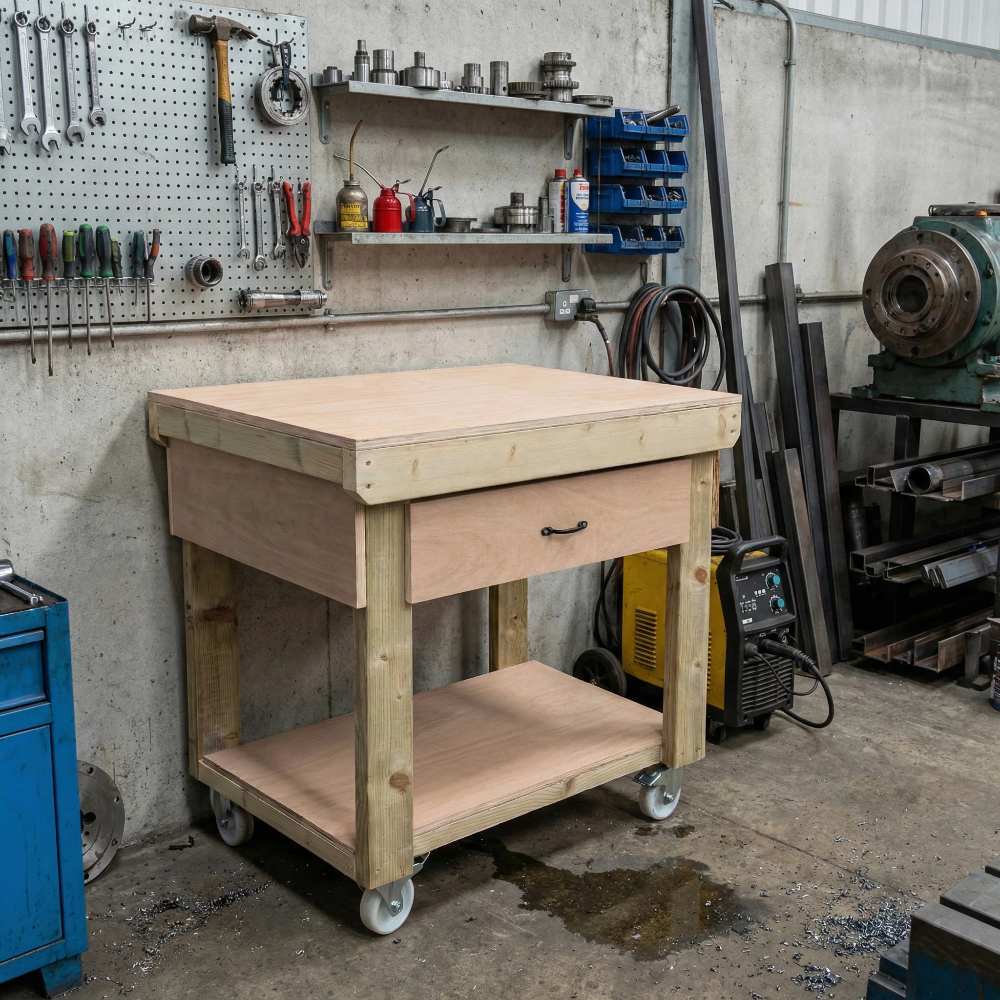Wooden Eucalyptus hardwood workbench, tool cabinet with drawer (V.1) with wheels - Image 3
