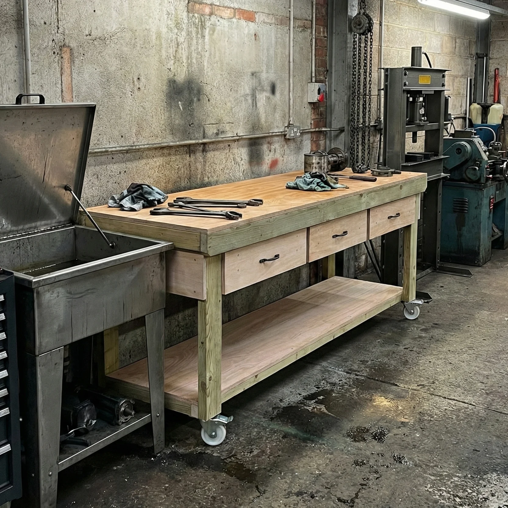 Wooden Eucalyptus hardwood workbench, tool cabinet with drawer (V.1) with wheels - Image 4