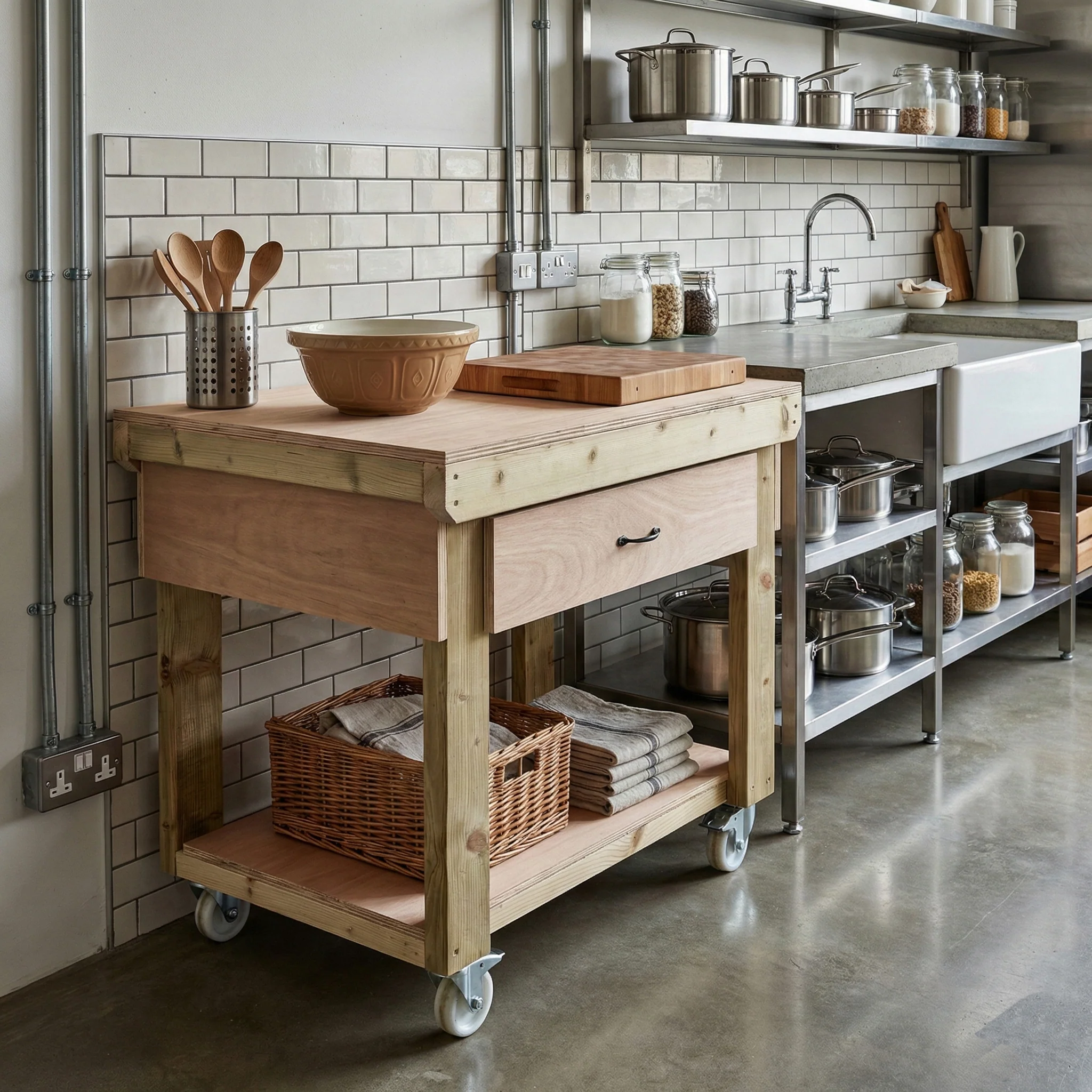 Wooden Eucalyptus hardwood workbench, tool cabinet with drawer (V.1) with wheels - Image 5