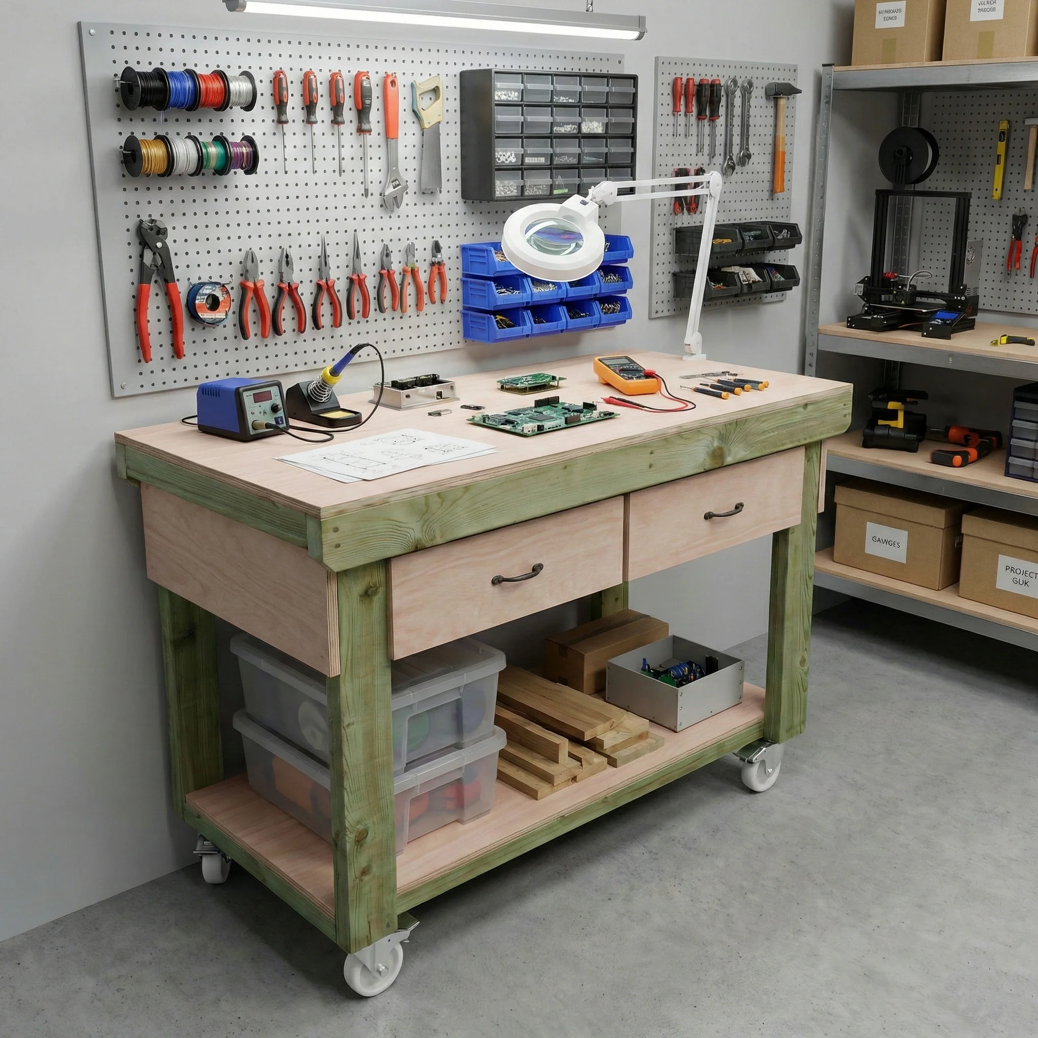 Wooden Eucalyptus hardwood workbench, tool cabinet with drawer (V.1) with wheels - Image 6